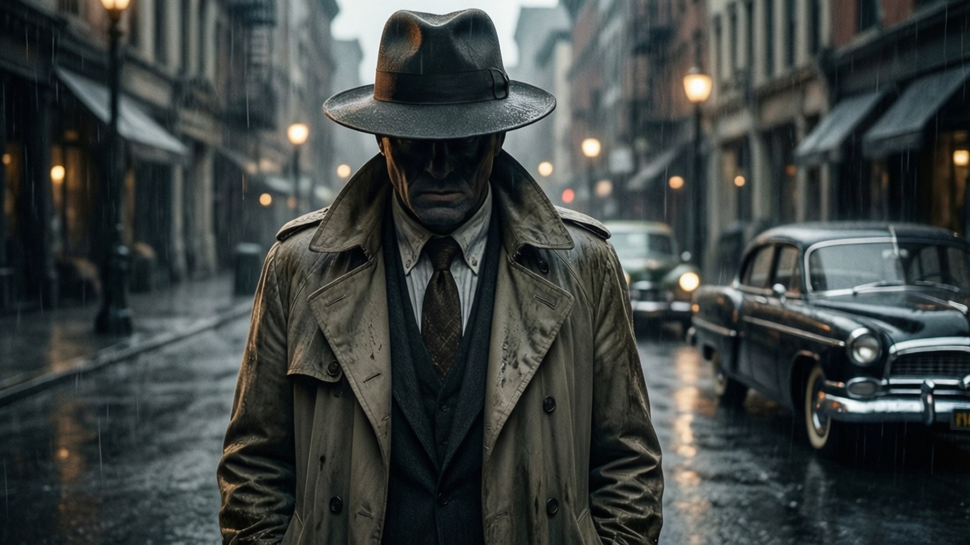 Noir Detective Shroud 壁紙 — 一個表情陰沉、戴著軟呢帽和風衣的男人，在夜晚沿著一條被雨水打濕的復古城市街道行走，伴隨著發光的街燈和經典汽車。