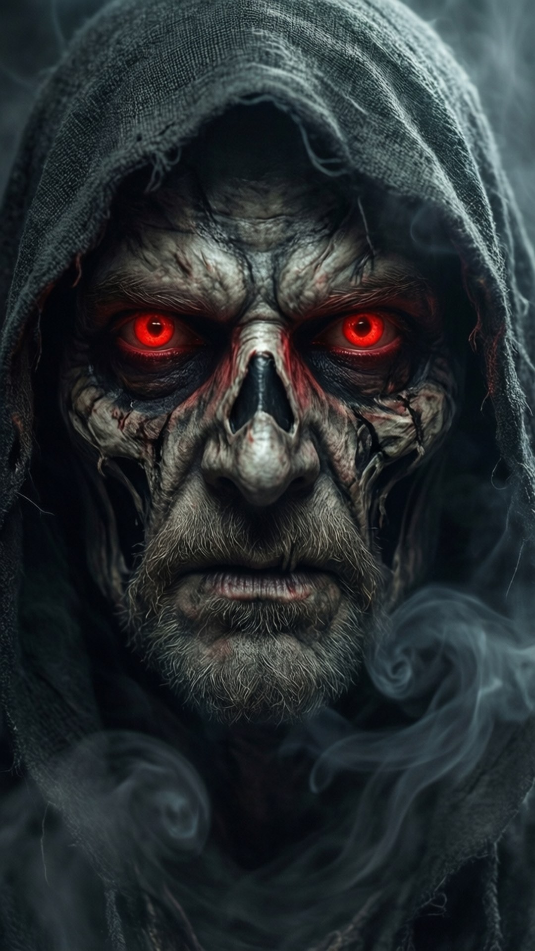 Eyes of Death 壁紙 — 一個死神，有著發光的紅眼睛和破爛的兜帽，透過旋轉的煙霧凝視著。