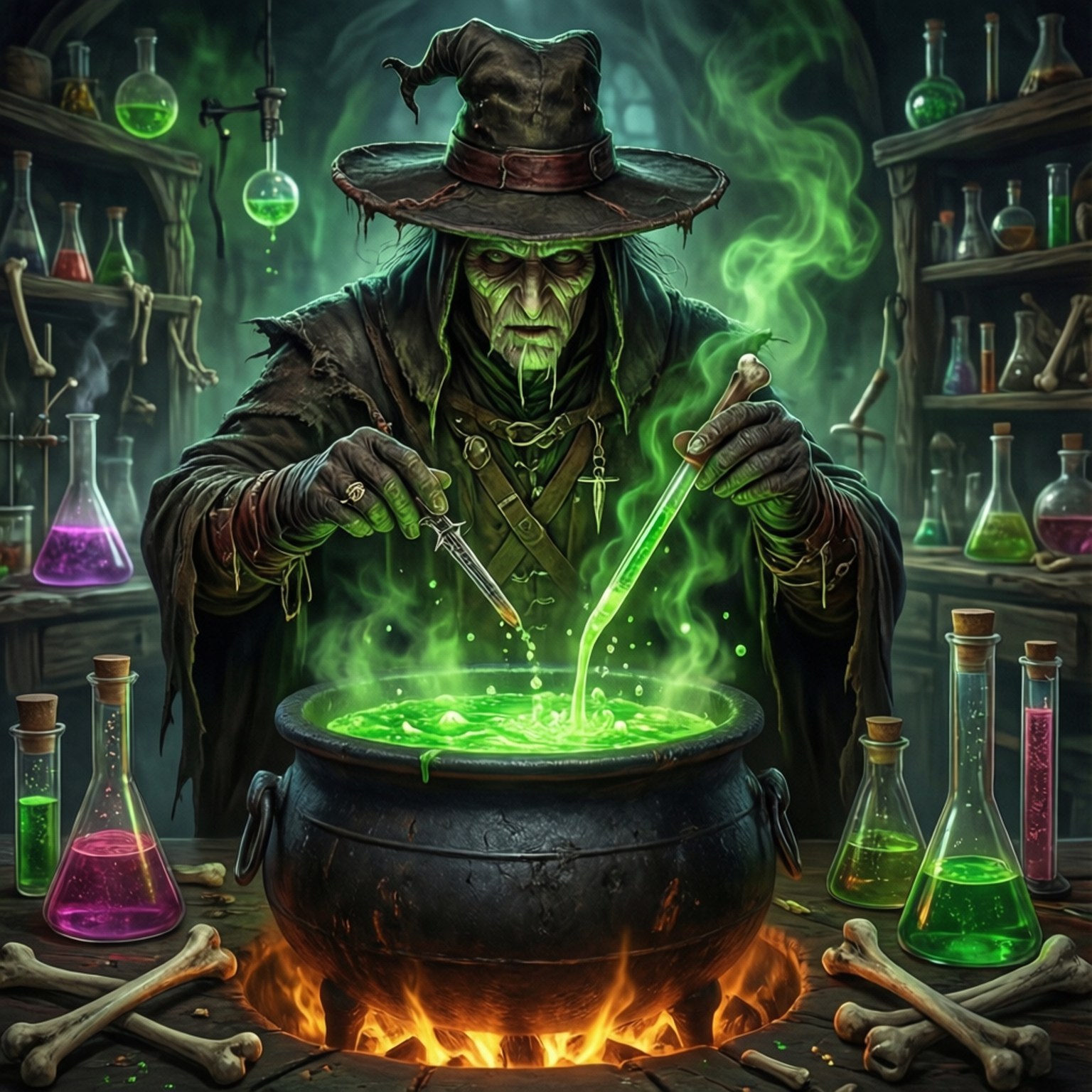 Plague Doctor's Brew 壁紙 — 一個陰森的女巫戴著破爛的帽子，在火焰上的大鍋中攪拌發光的綠色藥水，周圍環繞著骨頭和玻璃燒瓶。
