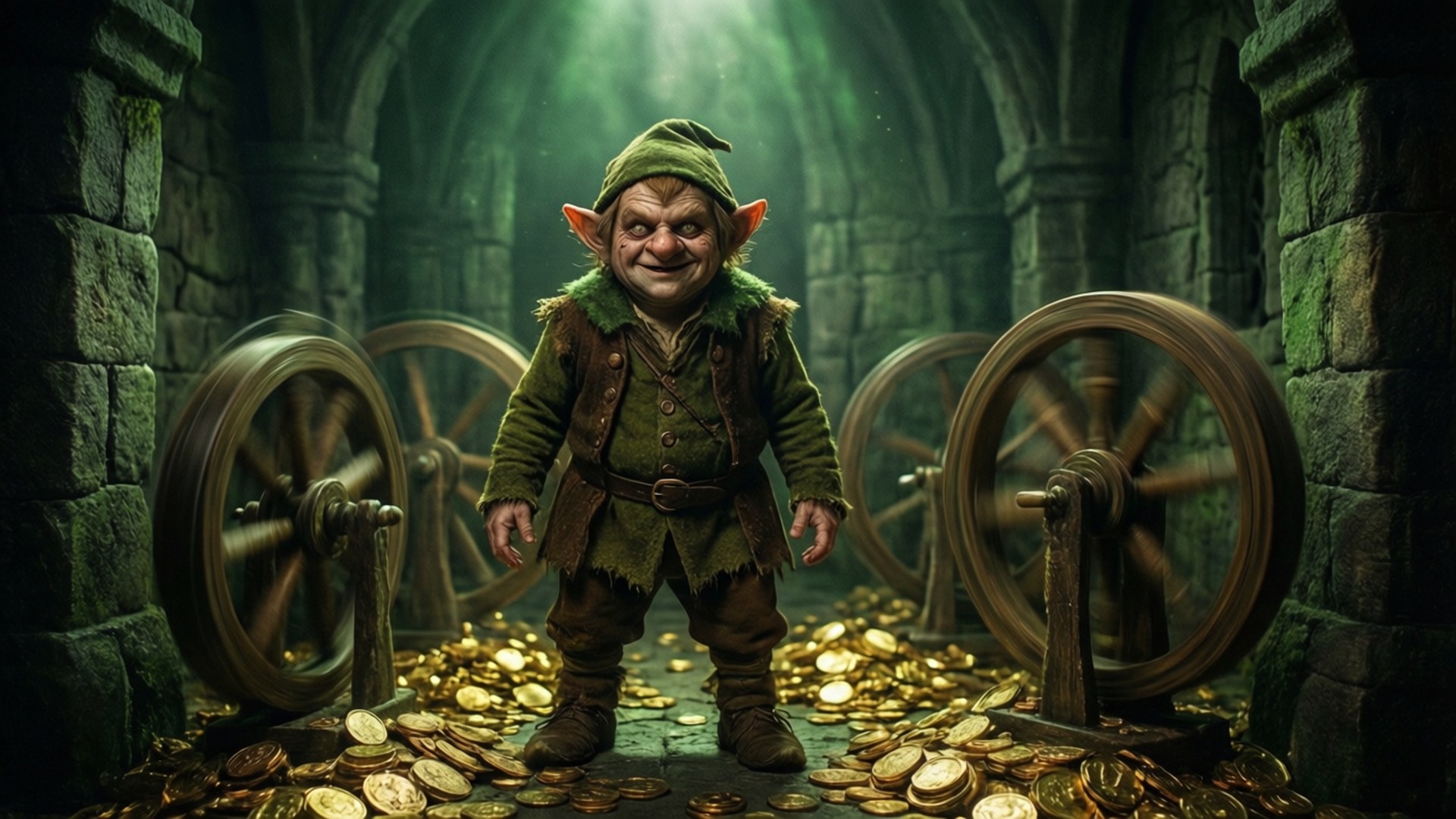 Rumpelstiltskin Dark Castle 壁紙 — 一個咧嘴笑的哥布林戴著綠色帽子，自豪地站在一個石製金庫中，周圍環繞著旋轉的輪子和成堆的金幣。