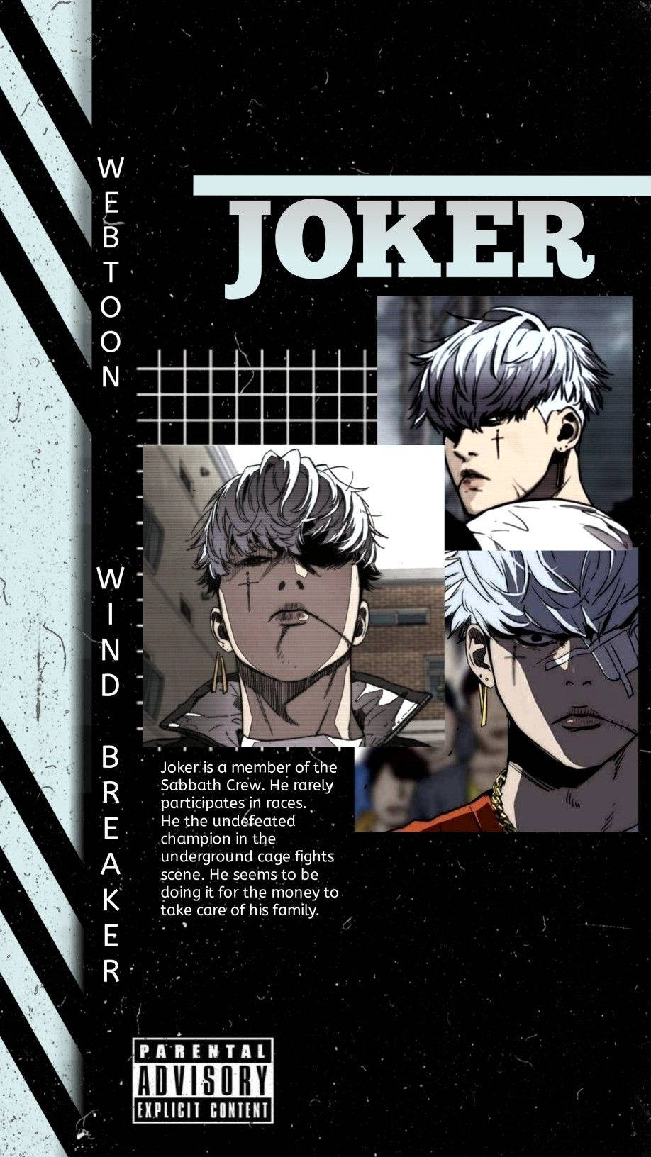Wind 桌布 壁紙 — 《Webtoon Wind Breaker》的粗獷動畫封面，展示一個決心堅定的銀髮年輕男子，臉上帶有疤痕，身處籠鬥場景。