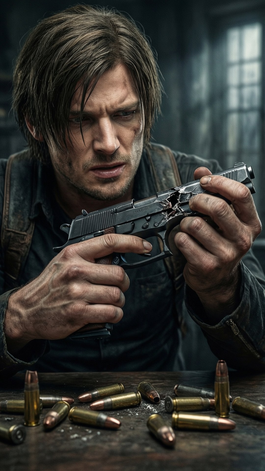leon s kennedy 桌布 壁紙 — 一個決心堅定的男人，滿臉鮮血，在佈滿子彈的桌子上檢查一把破損的手槍，粗獷的特寫鏡頭。