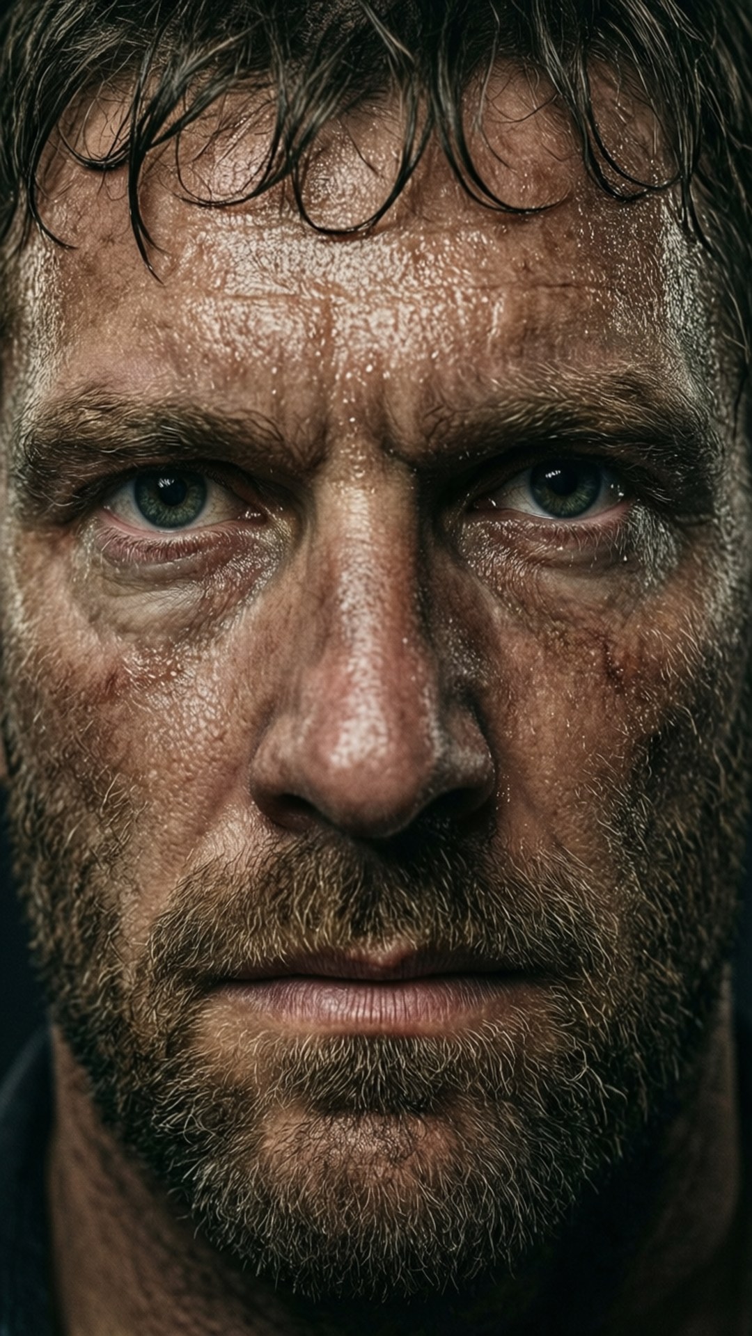 Close-Up Intense Gaze 壁紙 — 一個男人飽經風霜的臉部特寫，帶有汗水和污垢，強烈的藍色眼睛直視觀眾。