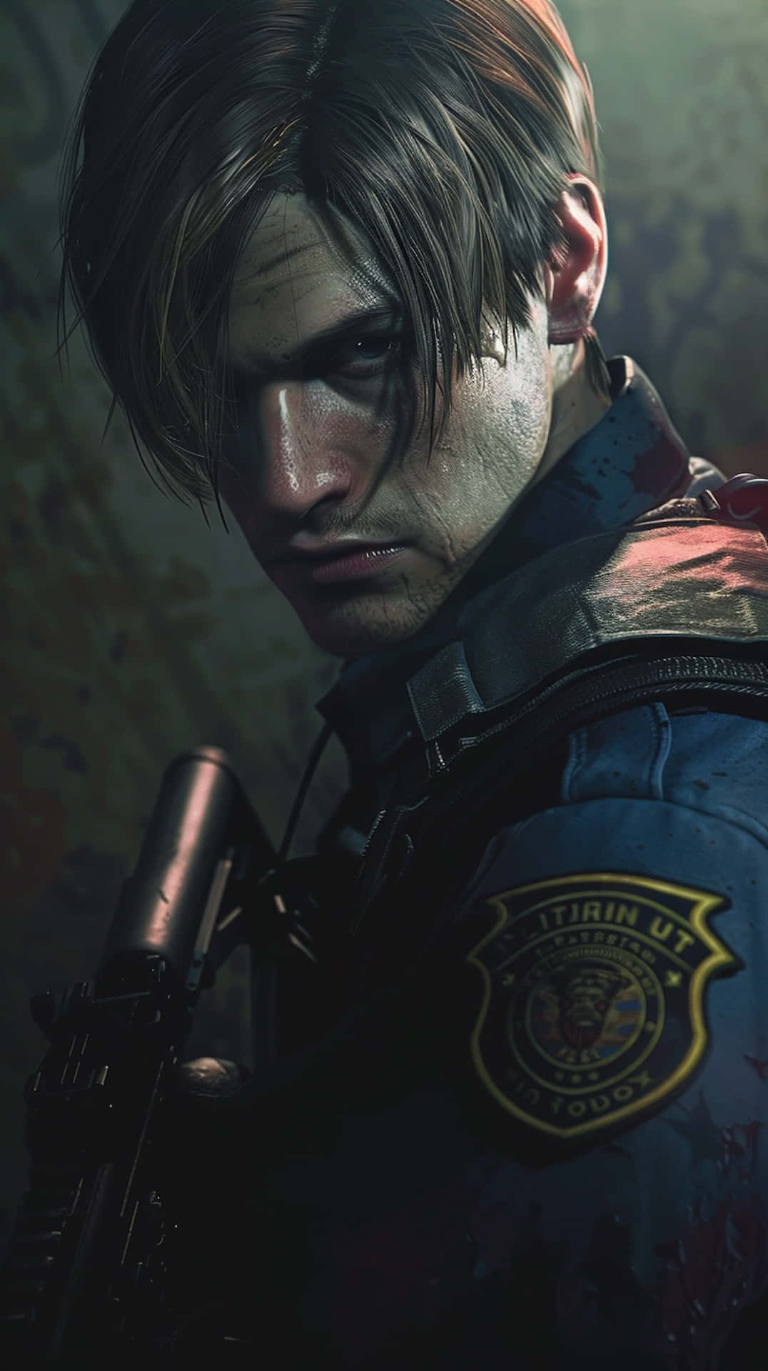  壁紙 — Leon S. Kennedy 穿著浣熊市警察制服，手持沾有血跡的步槍，表情陰沉，一個粗獷的特寫鏡頭。