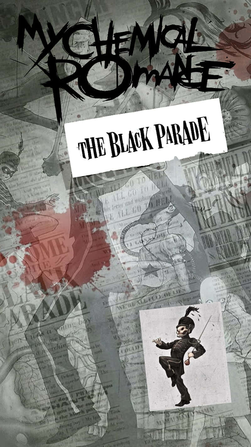  壁紙 — 一款粗獷的拼貼桌布，以My Chemical Romance的《The Black Parade》為特色，帶有骷髏人物和報紙剪報，並覆蓋紅色飛濺。