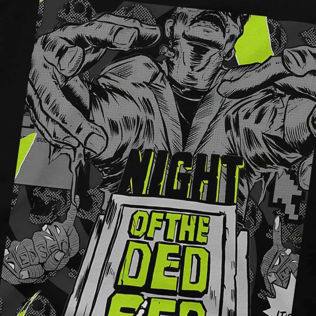  壁紙 — 一幅粗獷漫畫風格的插圖，描繪一個殭屍，帶有螢光綠色文字「NIGHT OF THE DEAD」，背景為黑白。