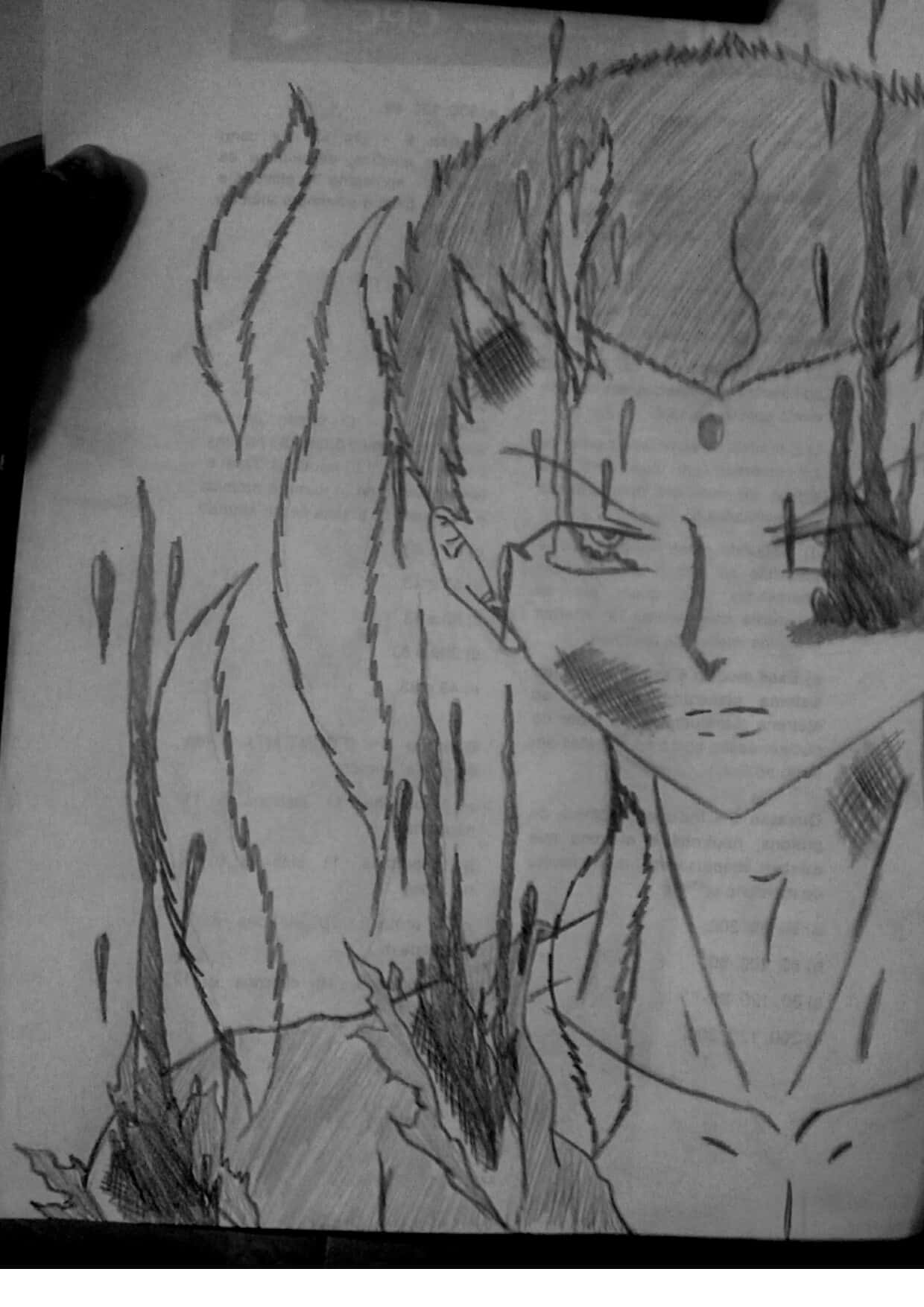 Sensui Shinobu 桌布 壁紙 — 一幅粗糙的鉛筆素描，描繪一個眼神銳利、頭髮尖刺的動漫角色，被握在一隻手中，背景是紙張。