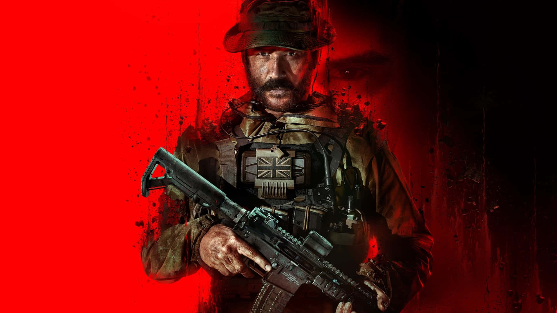  壁紙 — 一名鬍鬚粗獷的士兵身穿軍事裝備，在鮮紅色飛濺背景前持步槍。