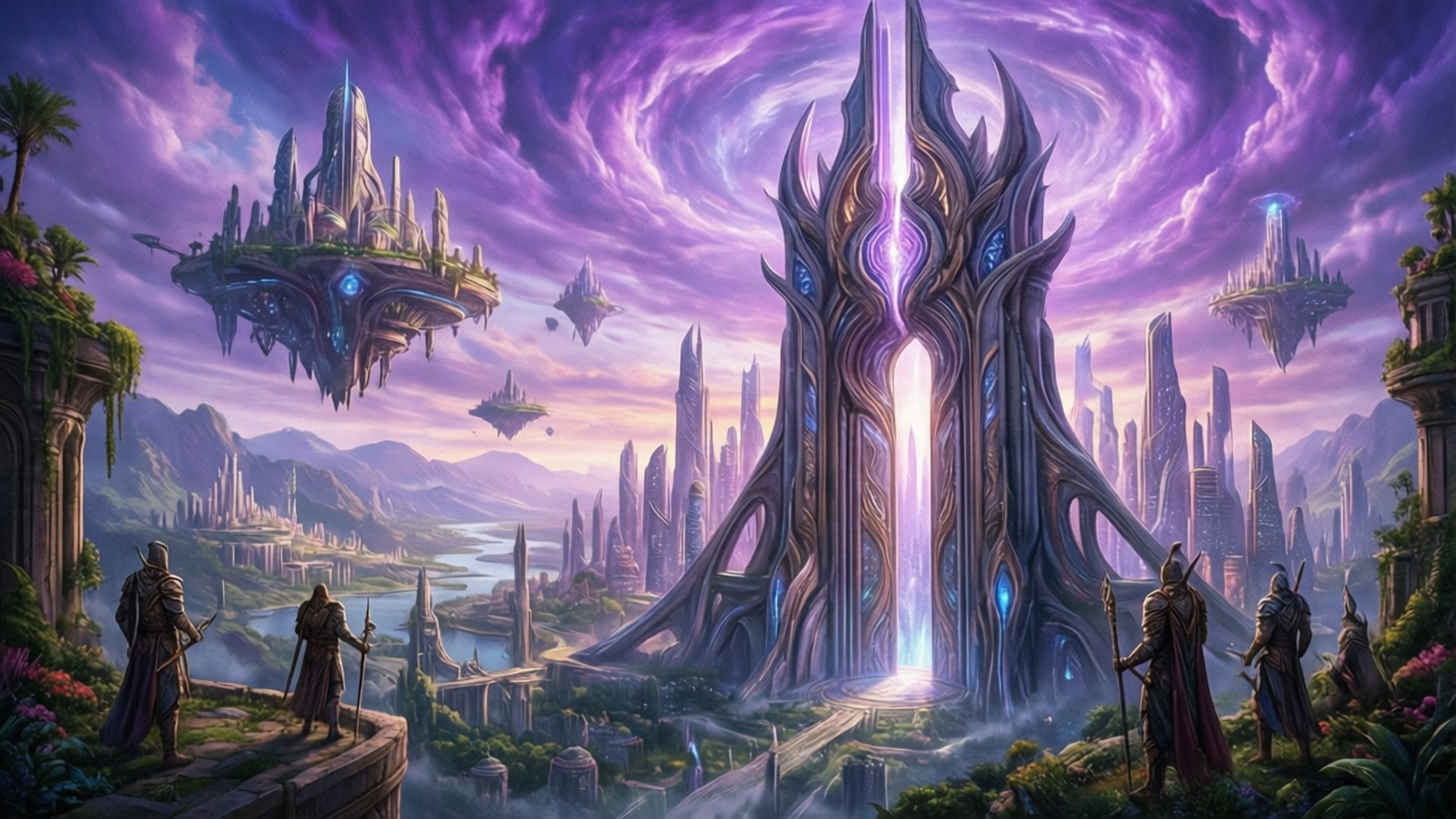 Dreaming City Vista 壁紙 — 一群身穿盔甲的人物站在一座高聳發光的傳送門前，背景是奇幻城市，有浮空島嶼和紫色天空。