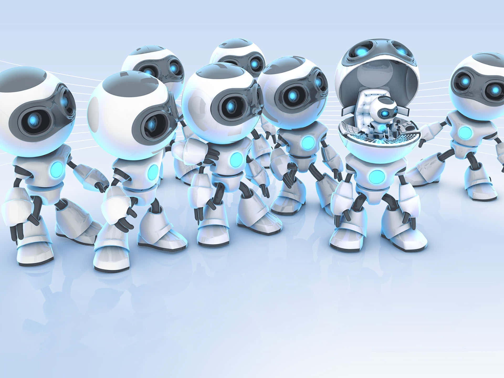  壁紙 — 一群可愛的白色和灰色機器人，帶有發光的藍色眼睛和燈光，聚集在未來主義環境中的反射表面上。