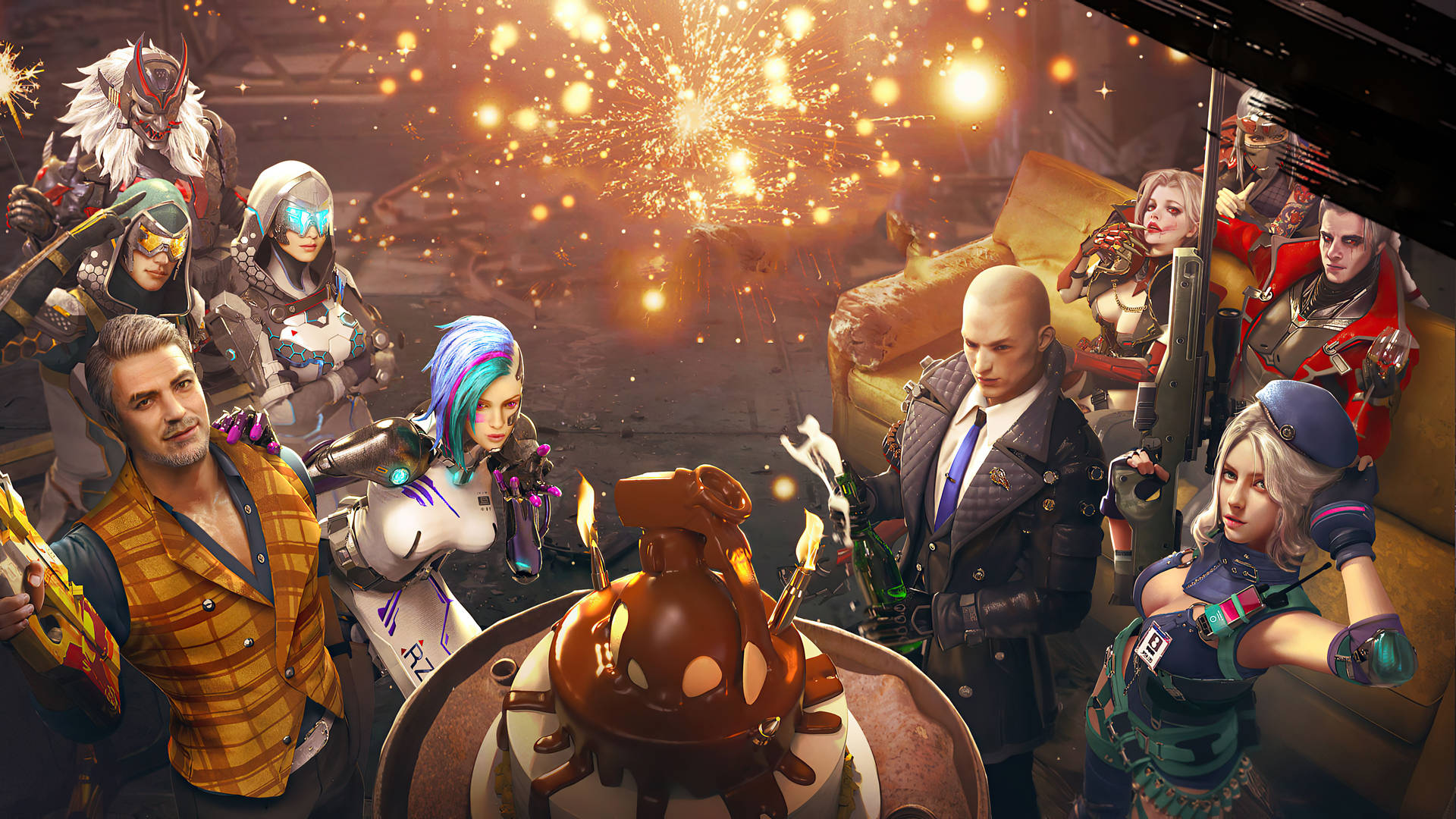未來角色聚集在一起，用煙火和蛋糕慶祝。 — Free Fire 壁紙