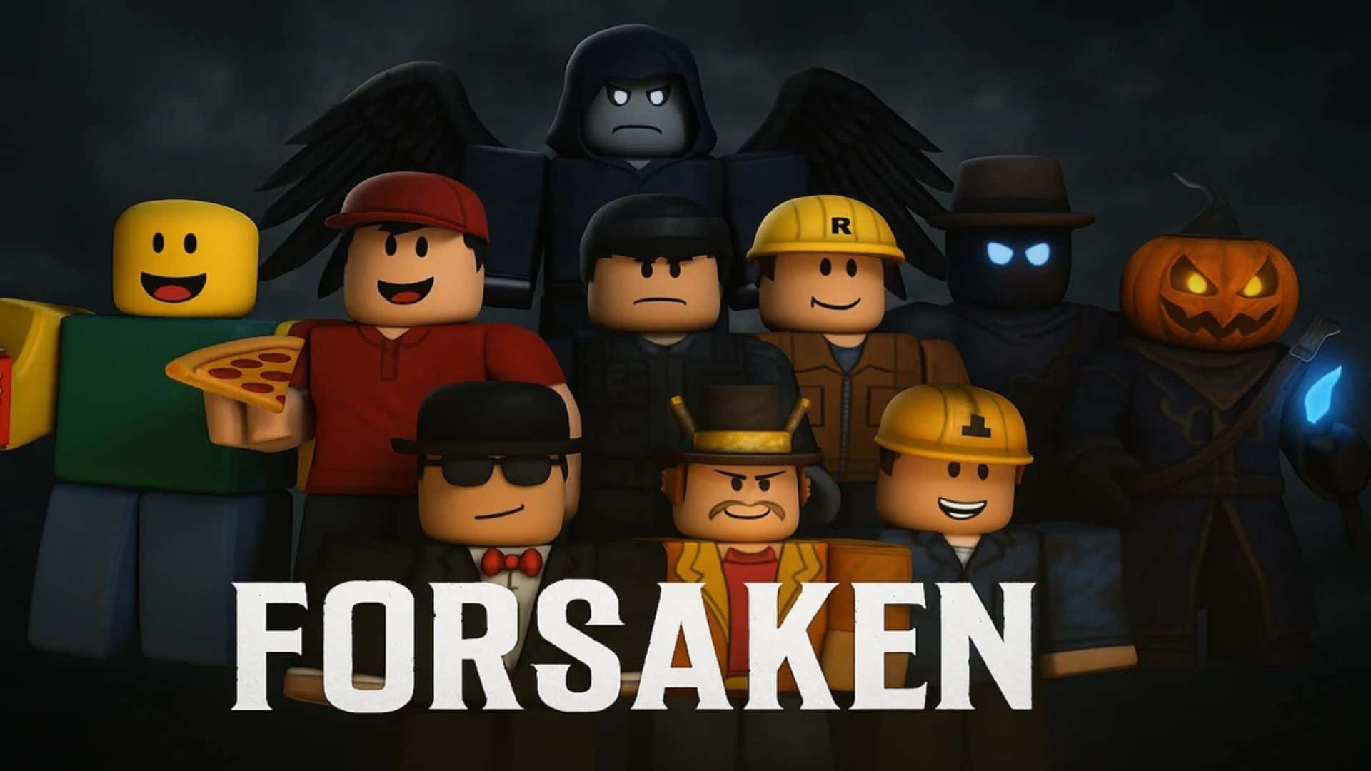 壁紙 — 一群 Roblox 風格的角色，表情和服裝各異，在黑暗陰沉的天空下站在一起，並顯眼地顯示著「FORSAKEN」一詞。