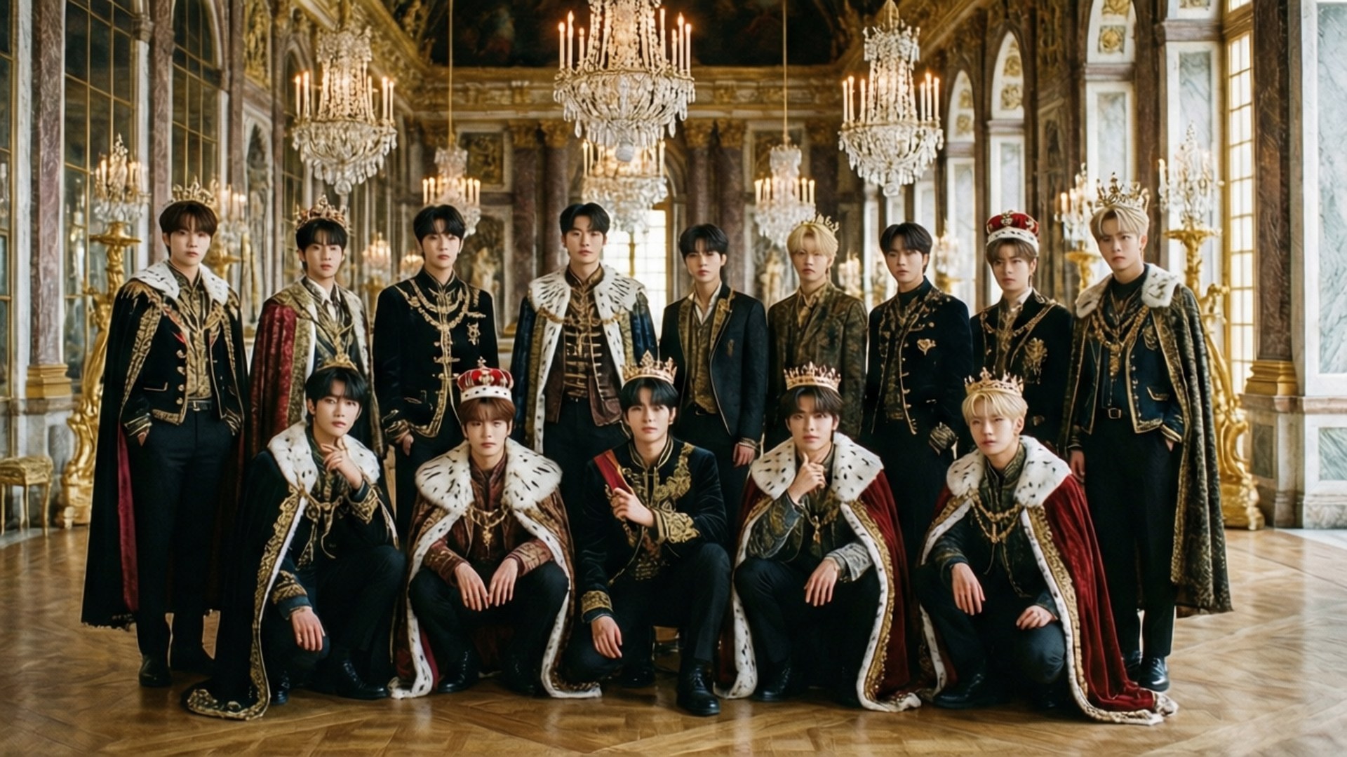 Royal Palace Majesty 壁紙 — 一群年輕男子身著華麗的皇家服飾，在宏偉的宮殿大廳中，在水晶吊燈和鍍金鏡子的映襯下威嚴地擺姿勢。