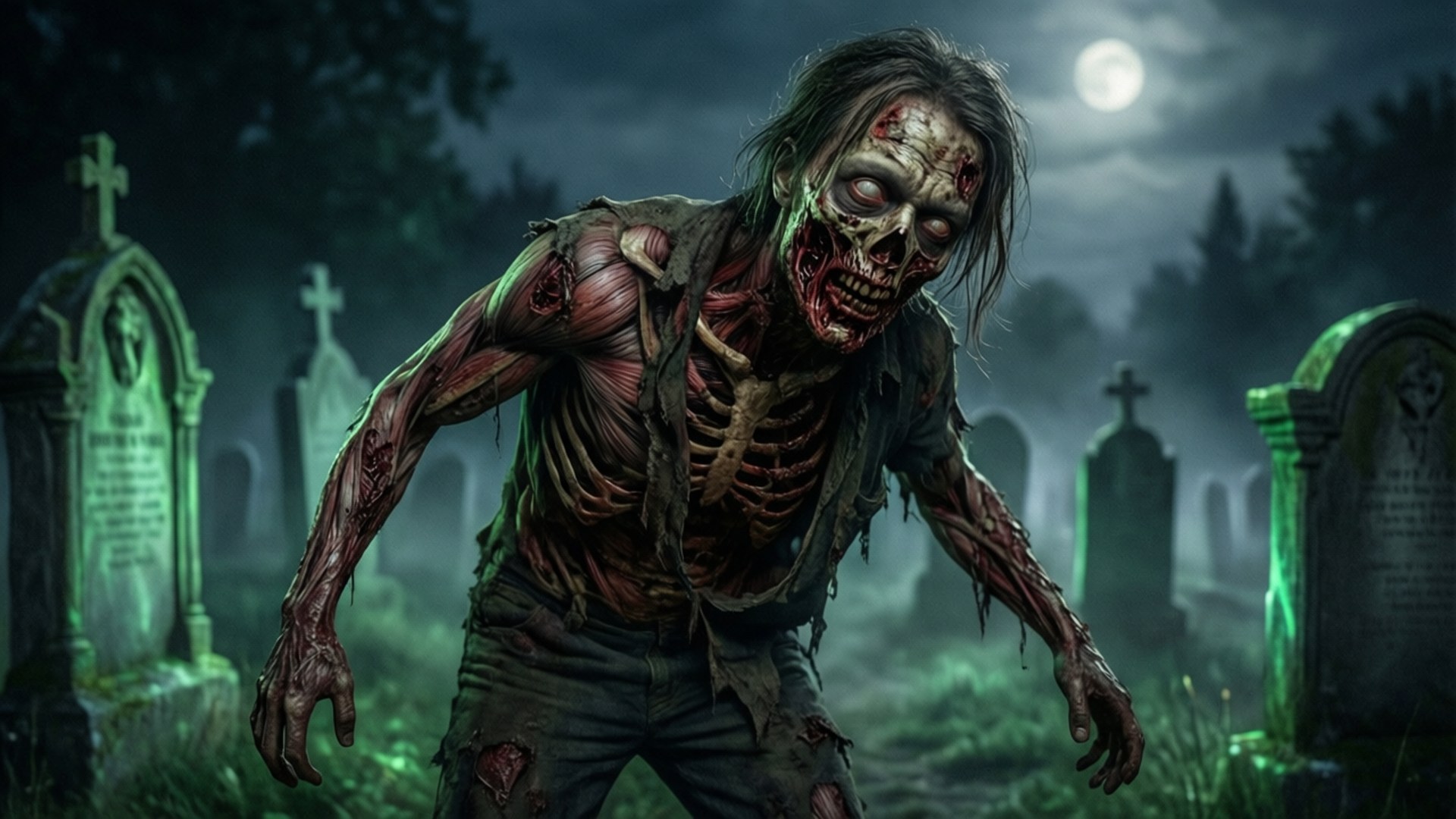 Graveyard Stalker 壁紙 — 一個可怕的殭屍，露出肋骨和撕裂的肉體，在滿月下的霧氣墓地中向前猛撲。