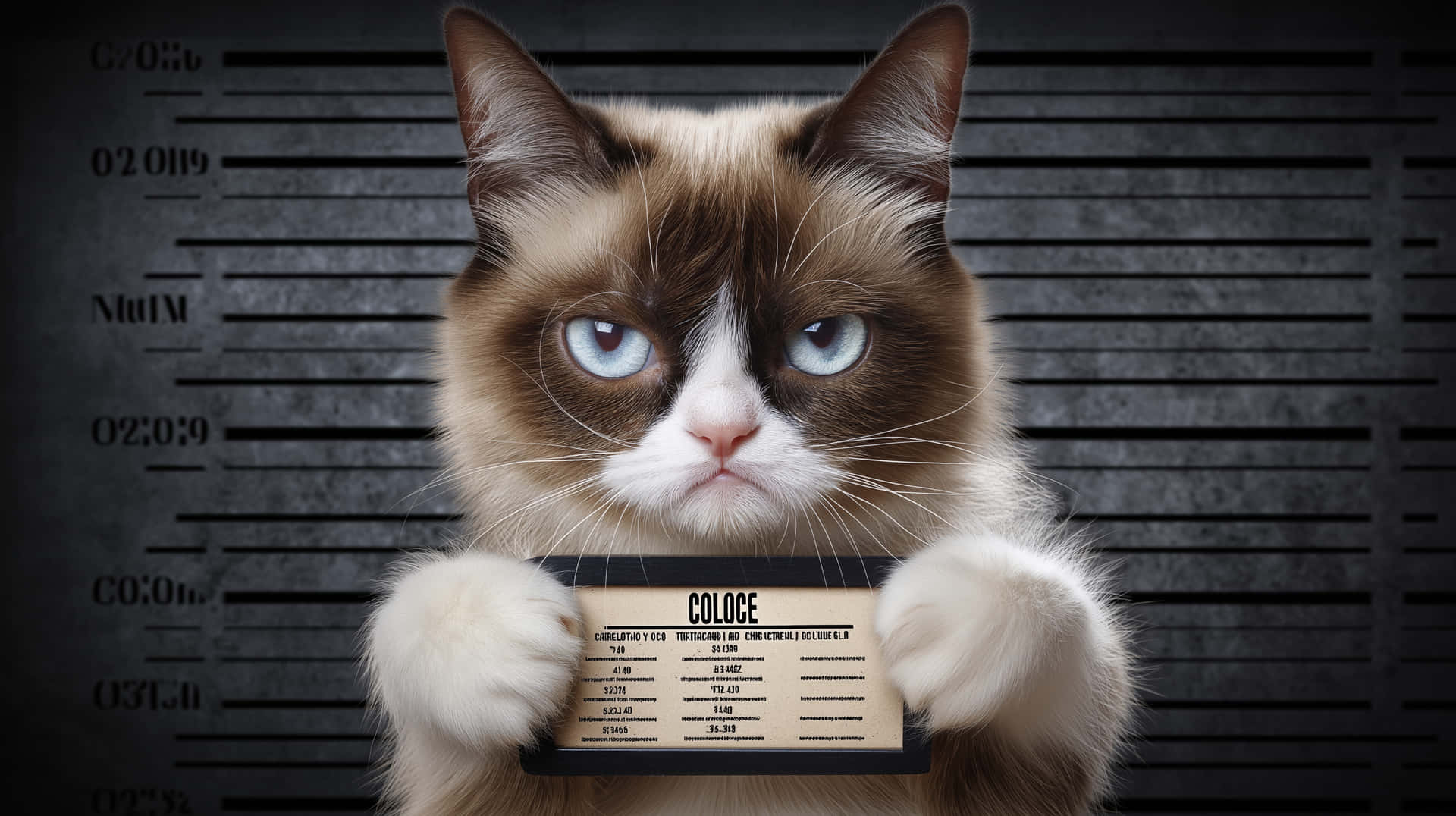 一隻脾氣暴躁的貓在身高圖前拿著一張 mugshot 卡。 — Meme 壁紙