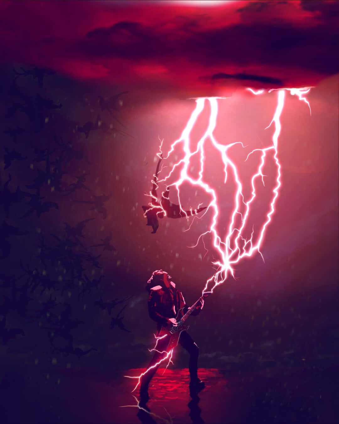  壁紙 — 一位吉他手從暴風雨的紅色天空中引導電閃電，而蝙蝠在黑暗中成群飛舞。