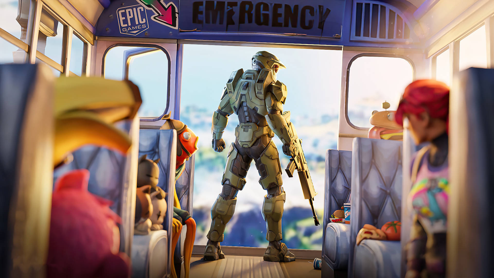 Halo士兵與Fortnite角色一起站在巴士上 — Fortnite 壁紙