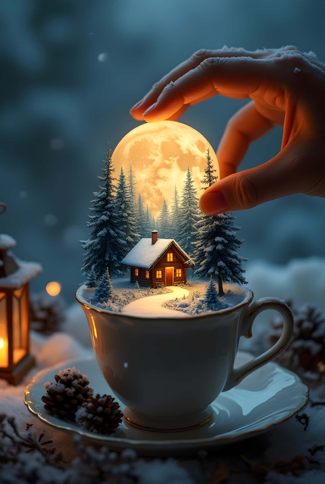 一隻手捧著一輪發光的月亮，下方是茶杯中的小雪屋，周圍環繞著松樹和燈籠。