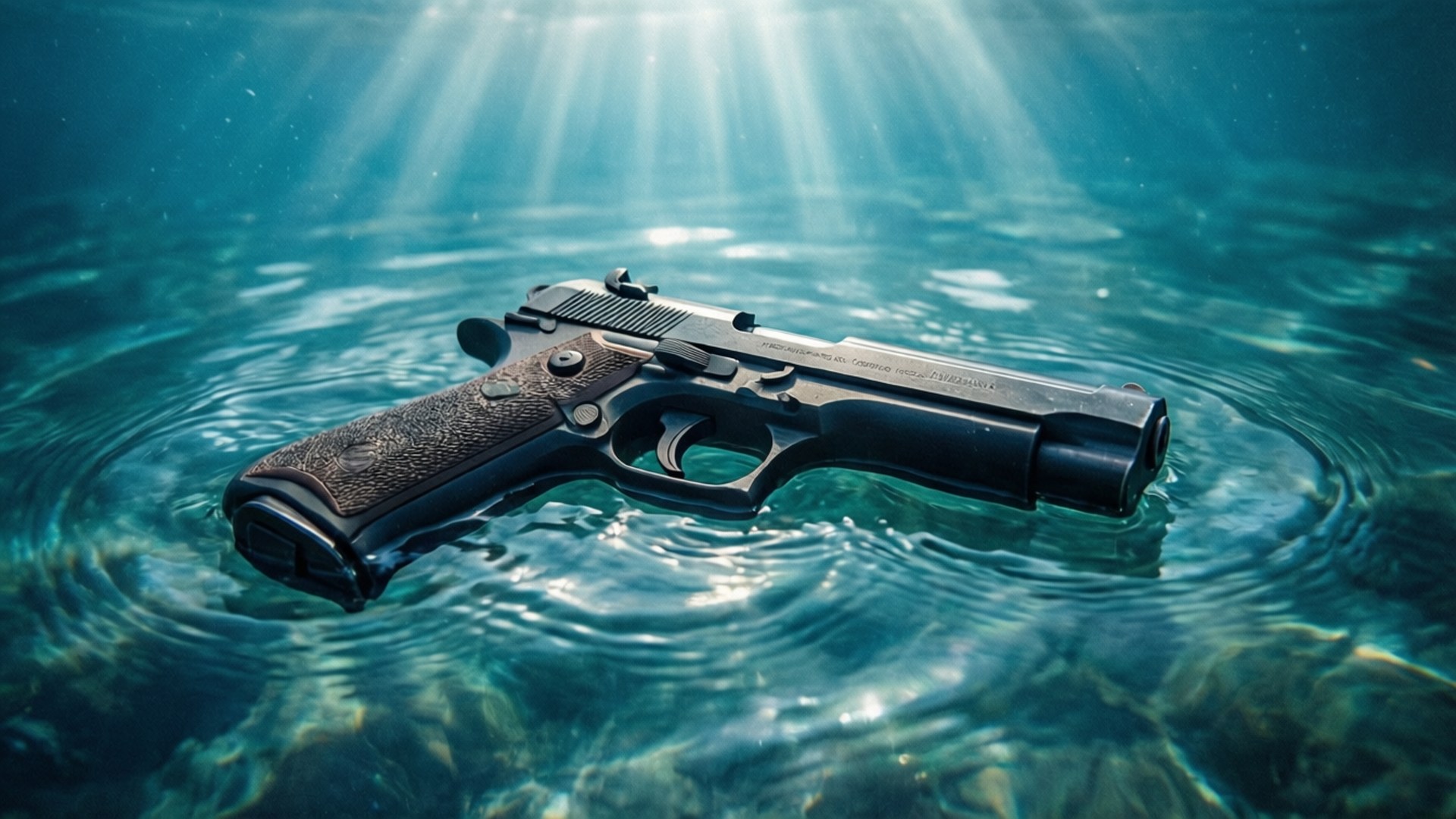 Underwater Gun 壁紙 — 一把手槍漂浮在清澈的藍色水面上，陽光從上方穿透而下。