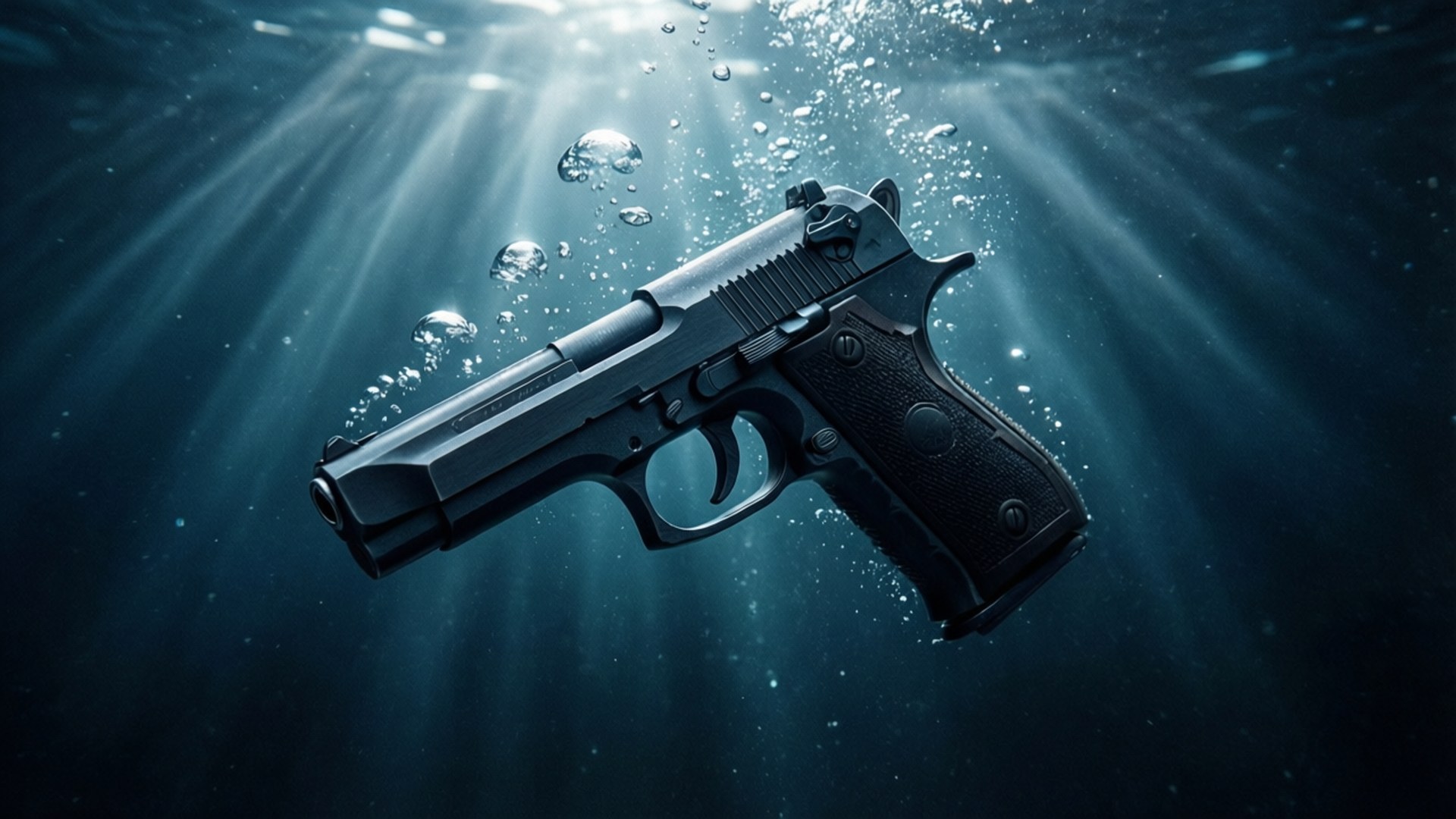 Submerged Gun 壁紙 — 一支手槍在水底漂浮，氣泡上升，陽光穿過深藍色海洋照射下來。