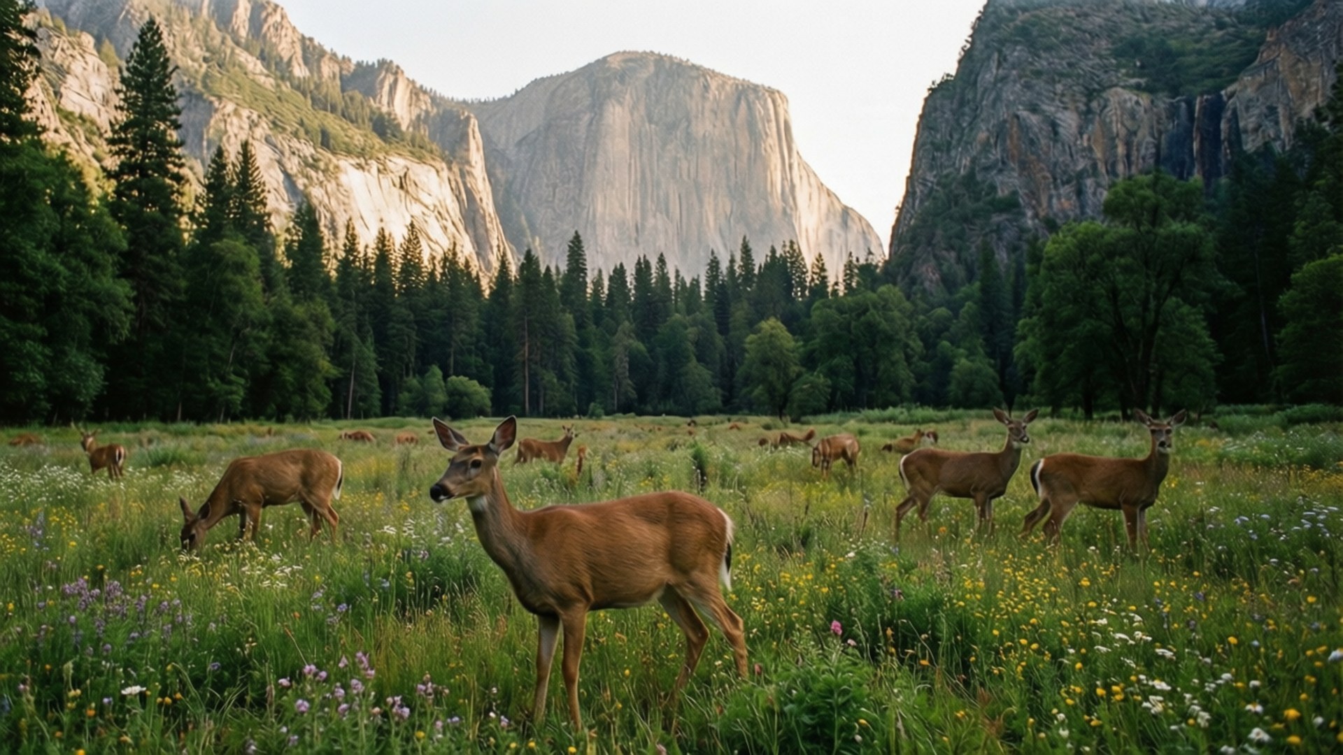 Deer in the Meadow 壁紙 — 一群鹿在陽光明媚的草地上吃草，草地上開滿了野花，周圍是高聳的花崗岩懸崖和茂密的松林。