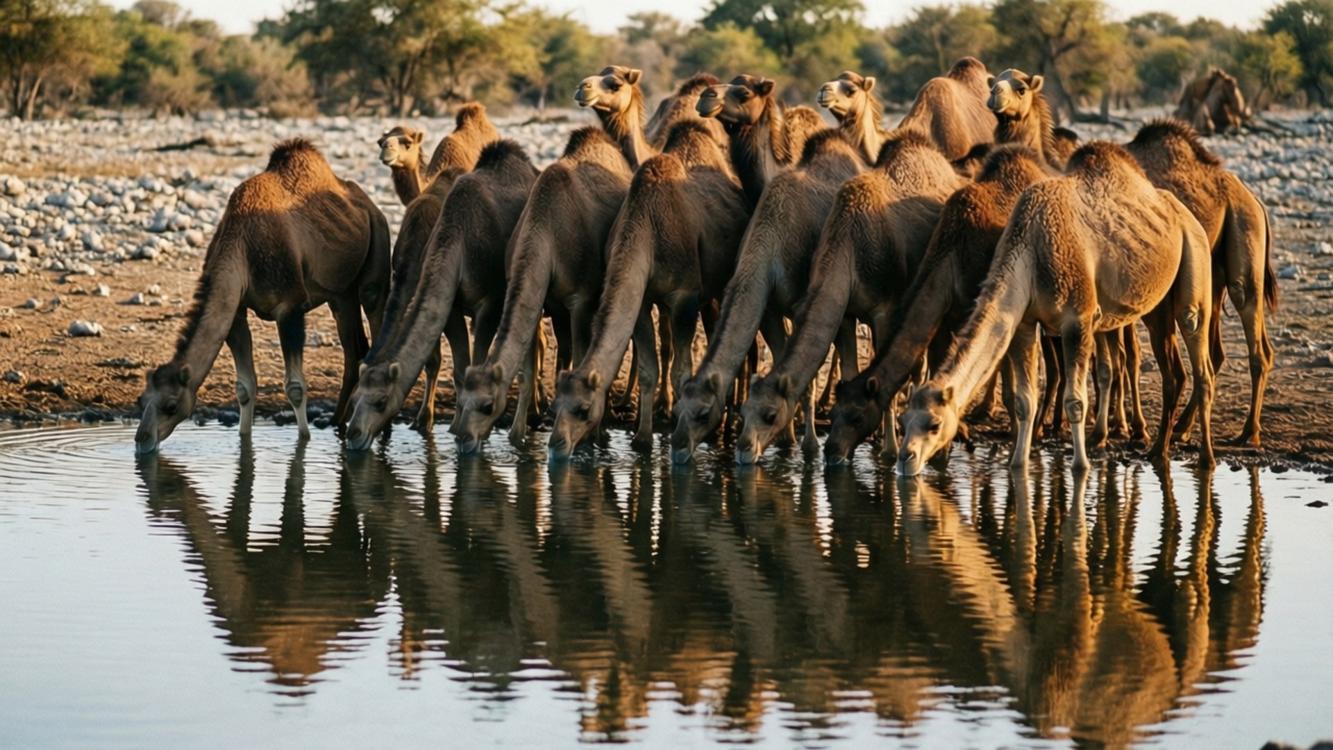 Camels at Waterhole 壁紙 — 一群單峰駱駝在平靜的水坑飲水，牠們的倒影完美地映照在水面上，周圍是乾燥的岩石地形和稀疏的樹木。