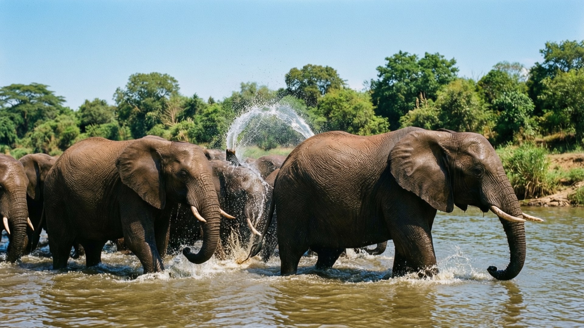 Elephant Herd River Crossing 壁紙 — 一群大象涉水過河，在清澈的藍天下潑水，背景是茂密的綠樹。