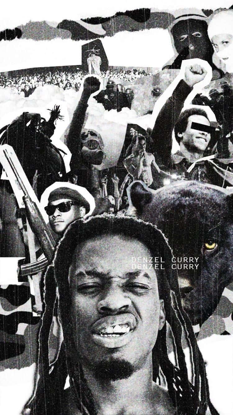  壁紙 — Denzel Curry 的高對比拼貼畫，包含咆哮的黑豹、抗議圖像和粗糙的城市元素。
