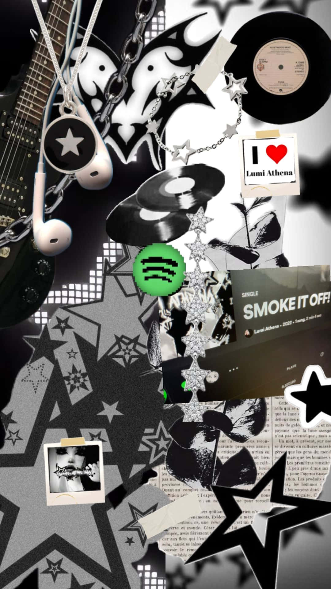  壁紙 — 高對比度的音樂器材與流行文化圖標拼貼，排列在星形圖案背景上。