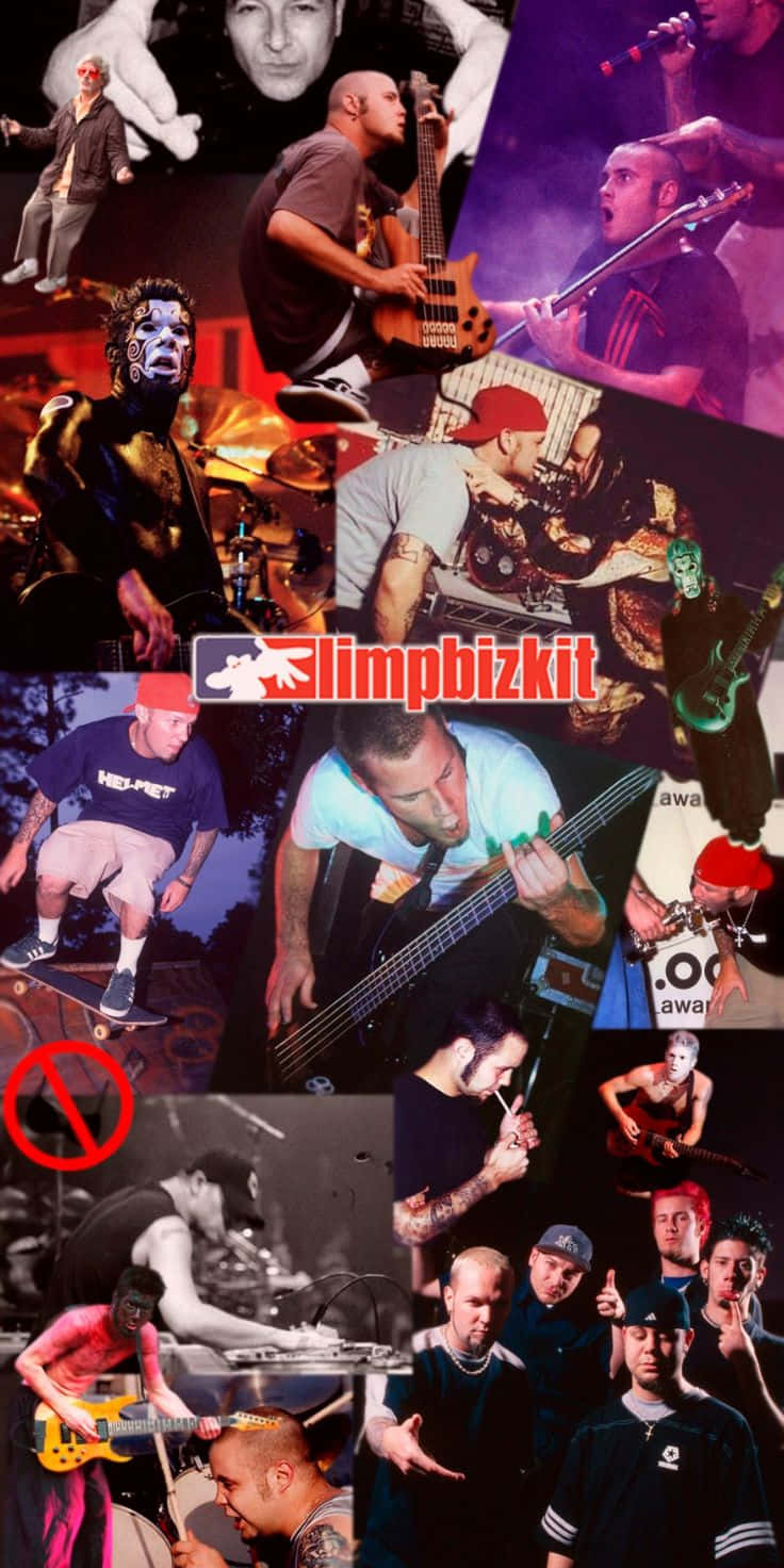  壁紙 — 一張充滿活力的拼貼畫，展示樂團 Limp Bizkit 在強烈舞台燈光和動態姿勢下現場表演。