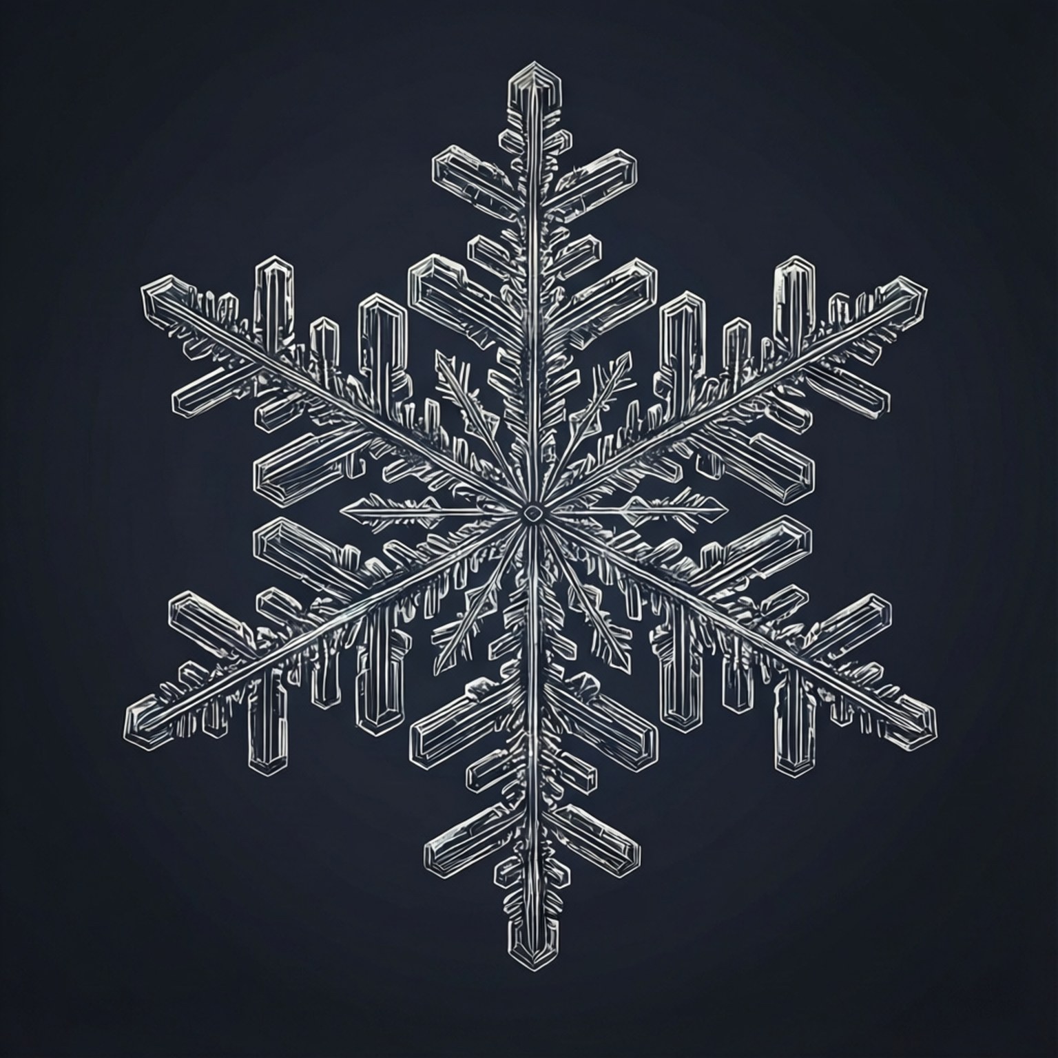 Elegant Snowflake Line Art 壁紙 — 一個高度詳細的結晶雪花，以白色呈現在深海軍藍背景上，具有複雜的幾何對稱性。