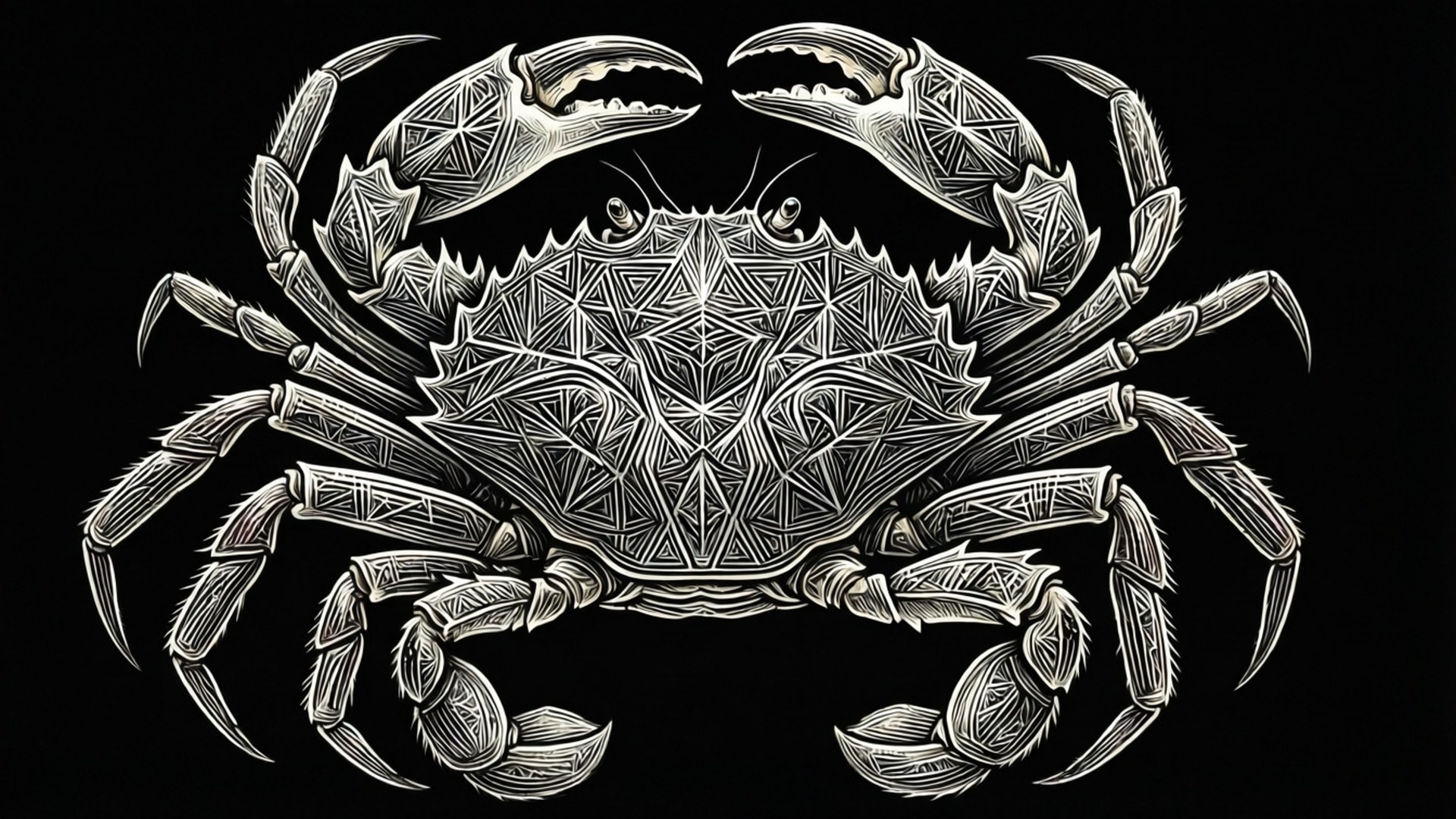 Geometric Cancer Crab 壁紙 — 一隻細節豐富的銀色螃蟹，外殼和蟹鉗上帶有幾何圖案，置於純黑背景之上。