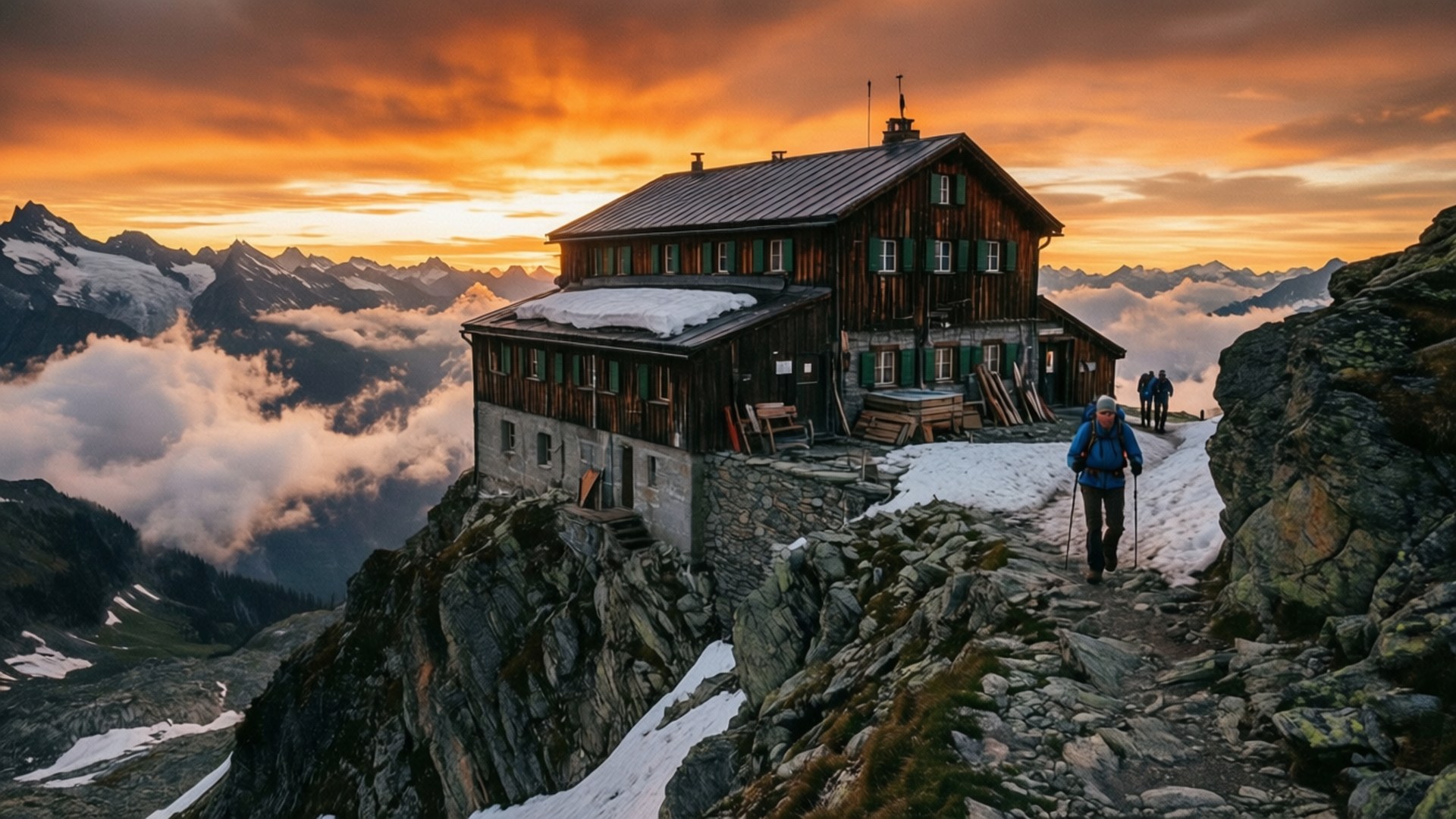 Mountain Hut Sunset 壁紙 — 一名徒步旅行者走向一座木製山間小屋，小屋位於日落時分的雲層之上，背景是白雪覆蓋的山峰。