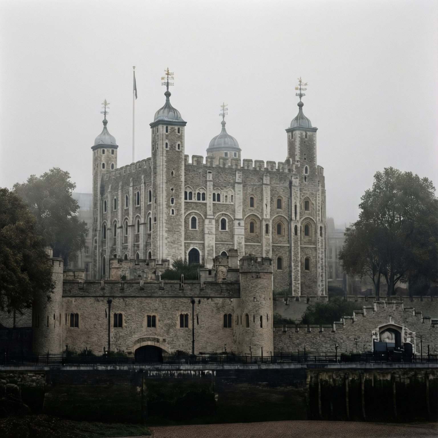 Misty Tower Morning 壁紙 — 一座歷史悠久的石頭城堡，帶有塔樓和圓頂，在灰濛濛的天空下莊嚴地矗立，周圍環繞著樹木和護城河。