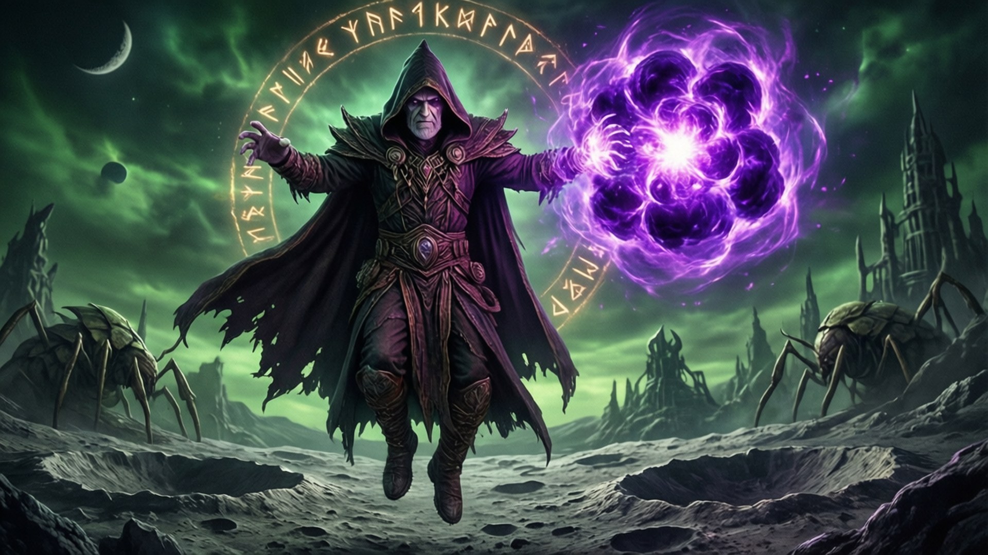 Void Walker 壁紙 — 一個戴著兜帽的黑暗巫師漂浮在荒涼的景觀之上，在帶有新月形月亮的綠色天空下召喚一個旋轉的紫色能量球。