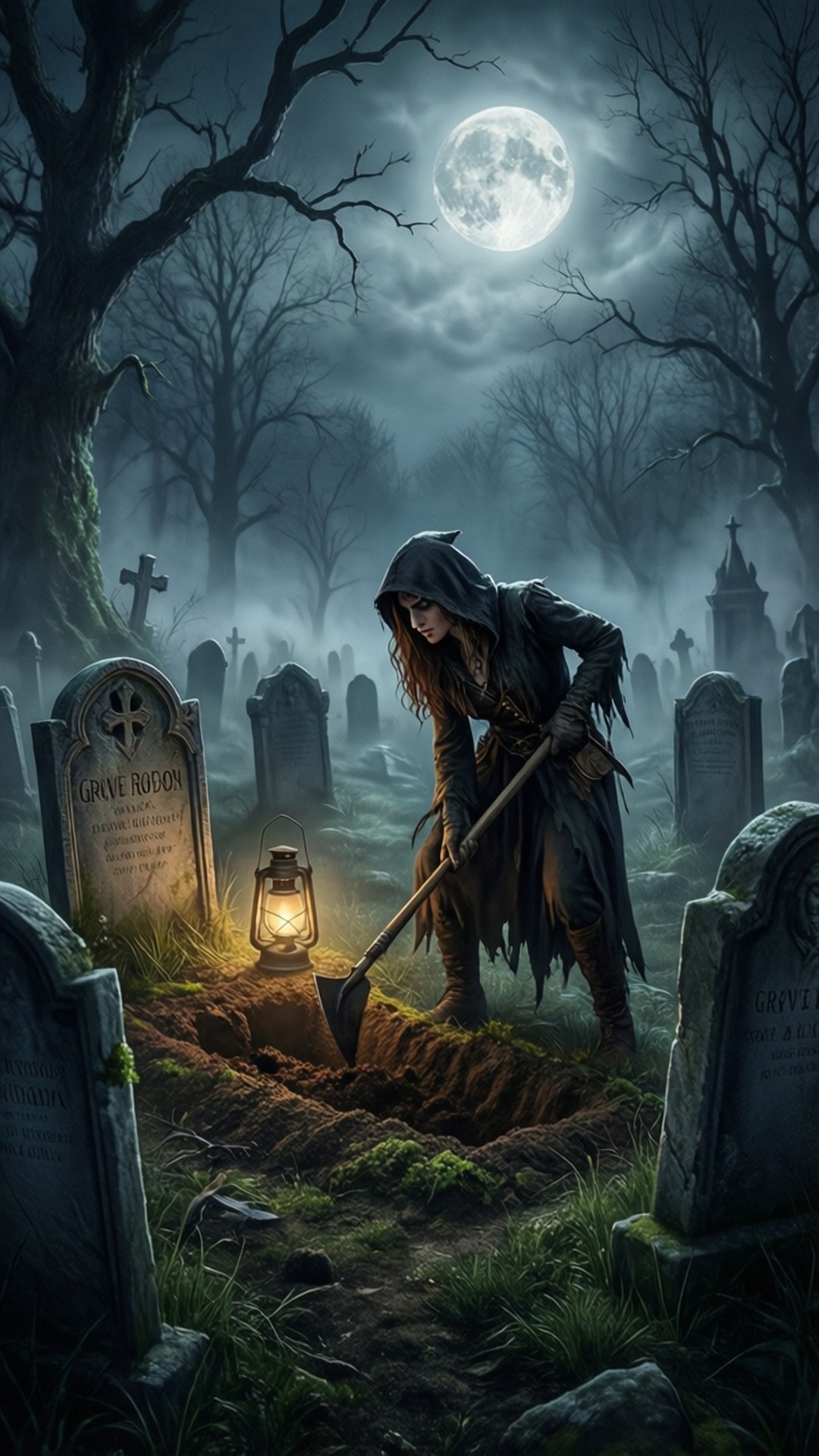 Grave Robber's Work 壁紙 — 一個戴頭巾的身影在滿月下，於煙霧瀰漫的墓地中挖掘墳墓，旁邊有發光的燈籠和古老的墓碑。