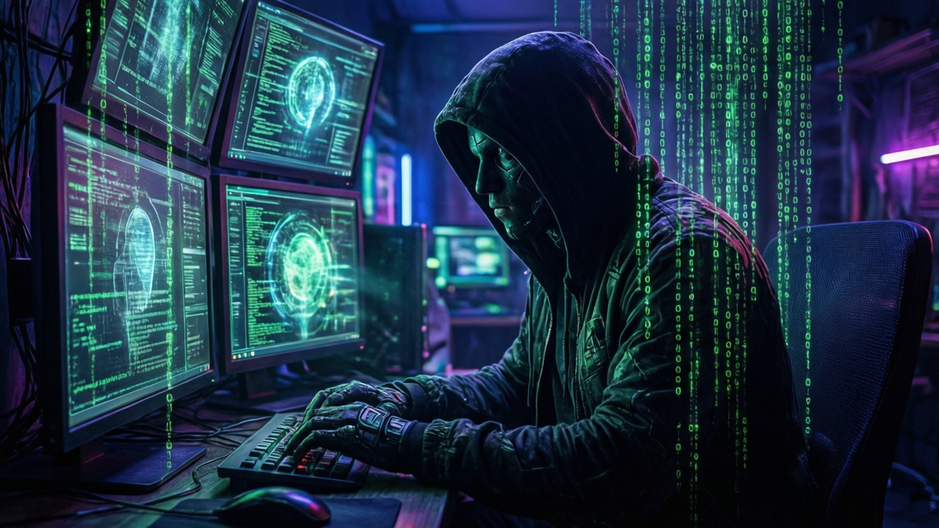 Dark Code 桌布 壁紙 — 一個戴著兜帽的人物在昏暗的賽博朋克房間裡，被發光的綠色螢幕和層疊的數位代碼包圍，瘋狂地打字。