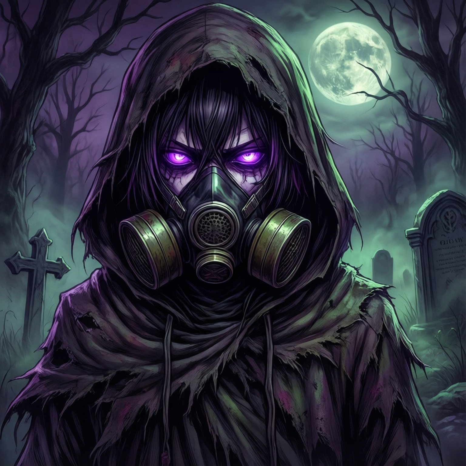 Gas Mask Phantom 壁紙 — 一個戴著兜帽、眼睛發出紫色光芒、戴著防毒面具的人物，站在滿月下的霧氣瀰漫的墓地中。