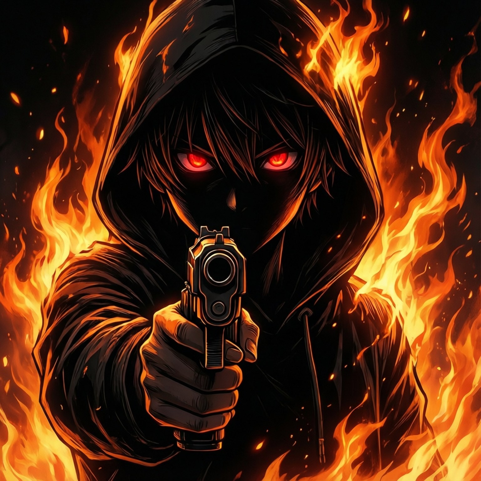 Blaze of Vengeance 壁紙 — 一個戴著兜帽的人物，眼睛發出紅光，手持手槍，周圍火焰爆發，場景黑暗而激烈。
