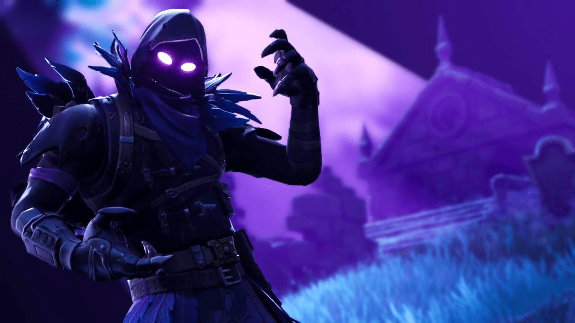 夜晚在紫色墓地中，一個眼睛發光的Fortnite角色。 — Fortnite 壁紙