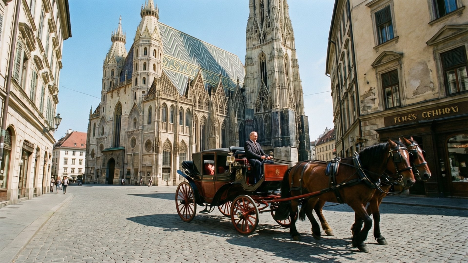 Vienna Fiaker Ride 壁紙 — 一輛由兩匹棕色馬拉動的馬車沿著鵝卵石街道行駛，經過裝飾華麗的哥德式大教堂，屋頂鋪有藍色瓦片。