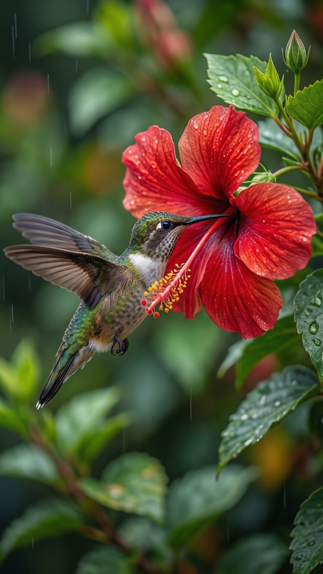 Hummingbird on Hibiscus 壁紙 — 一隻蜂鳥在半空中盤旋，在溫柔的雨中從鮮紅色的木槿花中吸取花蜜。