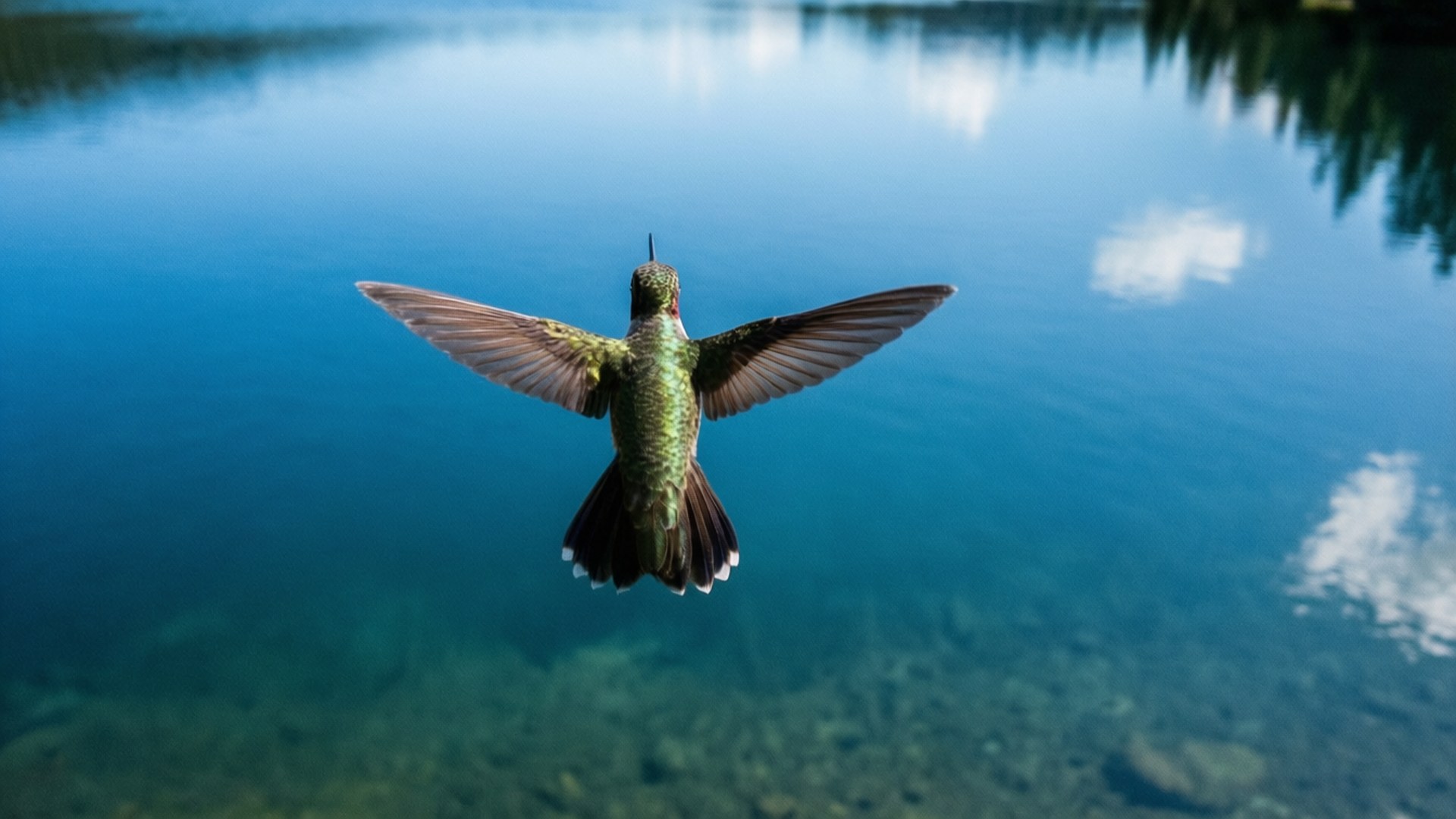 Reflection Flight 壁紙 — 一隻蜂鳥在半空中盤旋，下方是平靜的藍色湖泊，倒映著雲朵和樹木。