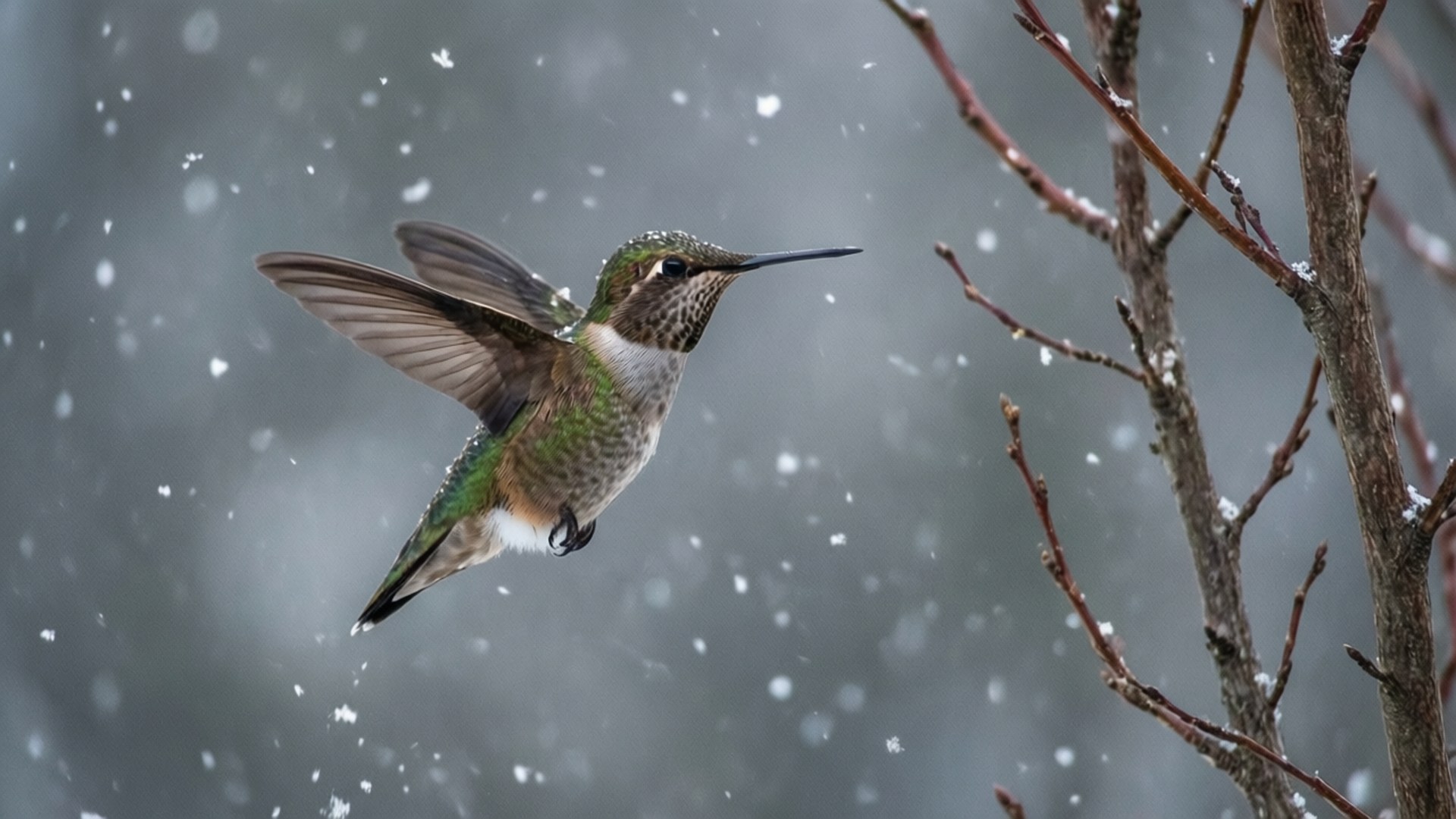 Winter Flight 壁紙 — 一隻蜂鳥在光禿禿的樹枝附近，於飄落的雪花中懸停在空中。