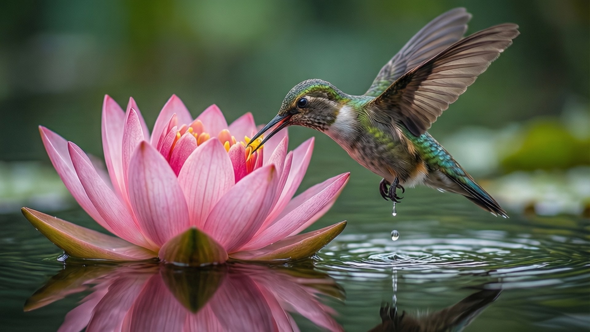 Lotus Sip 壁紙 — 一隻蜂鳥在半空中盤旋，從漂浮在平靜綠色水面上的一朵鮮豔粉紅色睡蓮中吸取花蜜。
