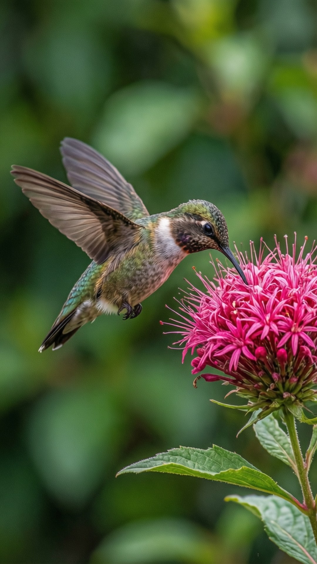 Live Hummingbird 壁紙 — 一隻蜂鳥在半空中盤旋，翅膀因運動而模糊，正在從一朵亮粉紅色的花上進食，背景是柔和的綠色。