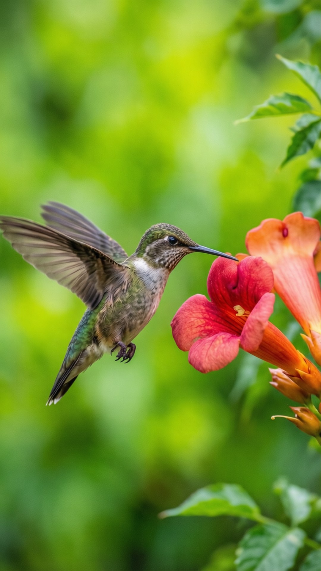 Hummingbird and Vine 壁紙 — 一隻蜂鳥在半空中盤旋，翅膀因運動而模糊，正在從一朵鮮紅色的喇叭花中進食，背景是柔和的綠色。