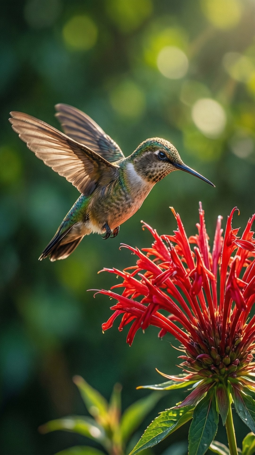 Hummingbird Hover 壁紙 — 一隻蜂鳥在空中盤旋，翅膀因運動而模糊，靠近一朵鮮紅色的管狀花，背景是柔和的綠色散景。