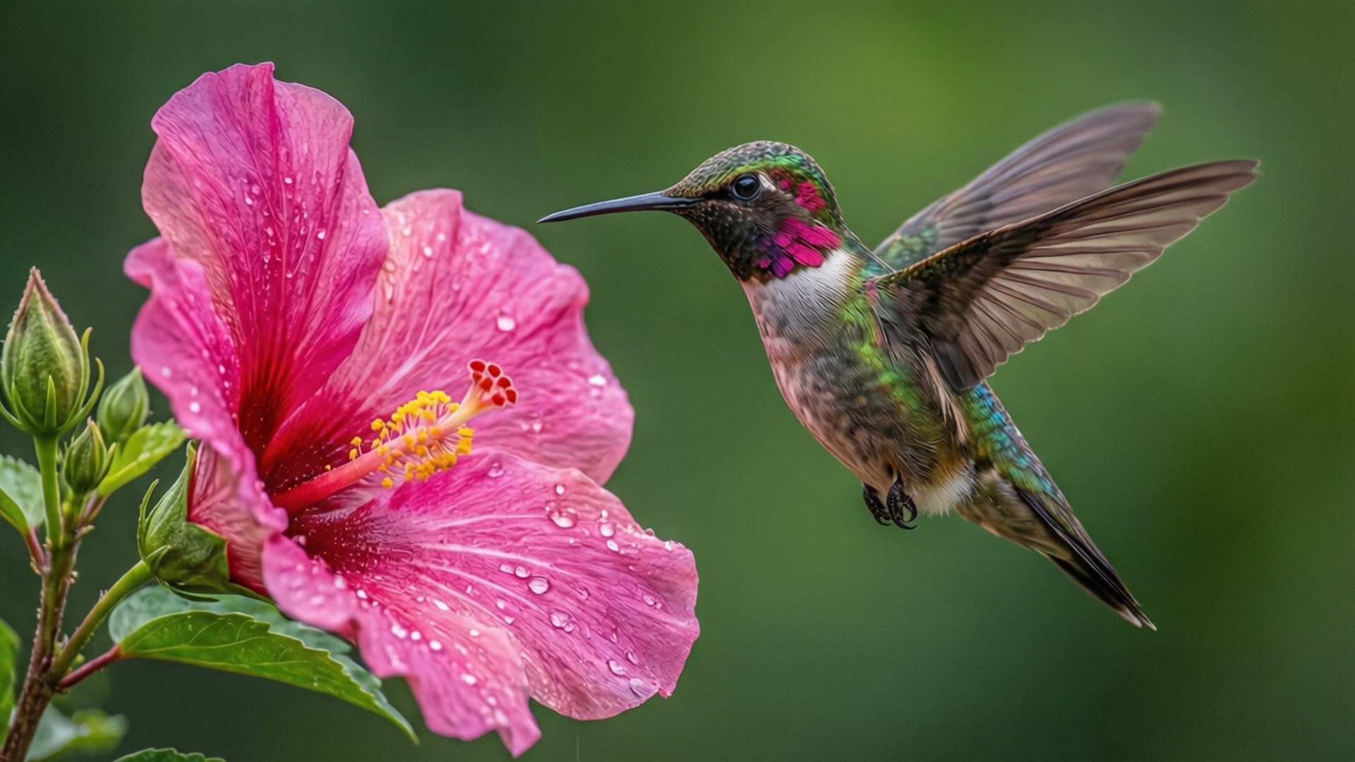 Hummingbird and Hibiscus 壁紙 — 一隻蜂鳥在佈滿露珠的粉紅色木芙蓉花附近盤旋，背景是模糊的綠色。