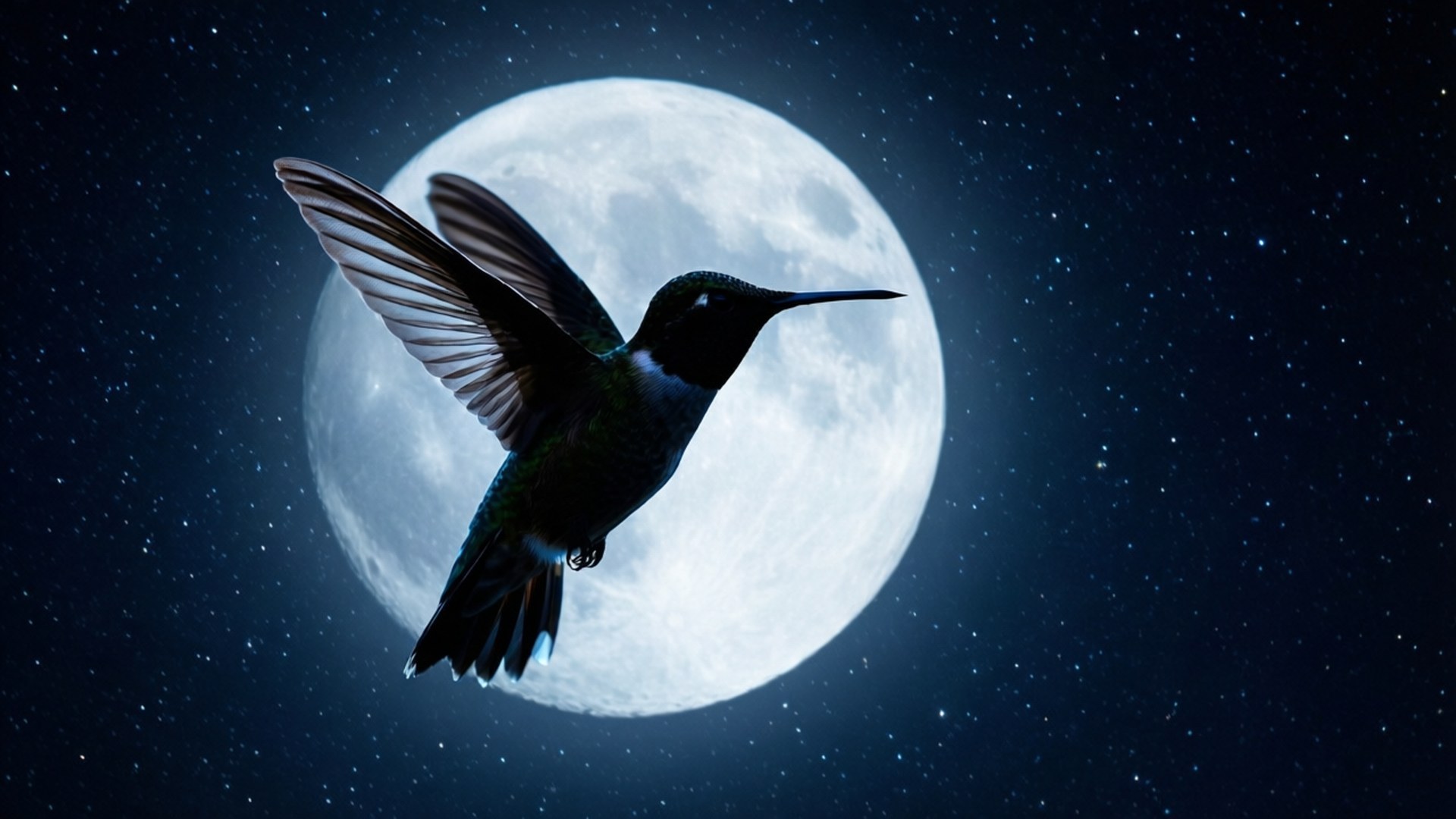 Moonlit Flight 壁紙 — 一隻蜂鳥在飛行中，在繁星點點的夜空襯托下，剪影映襯著明亮的滿月。